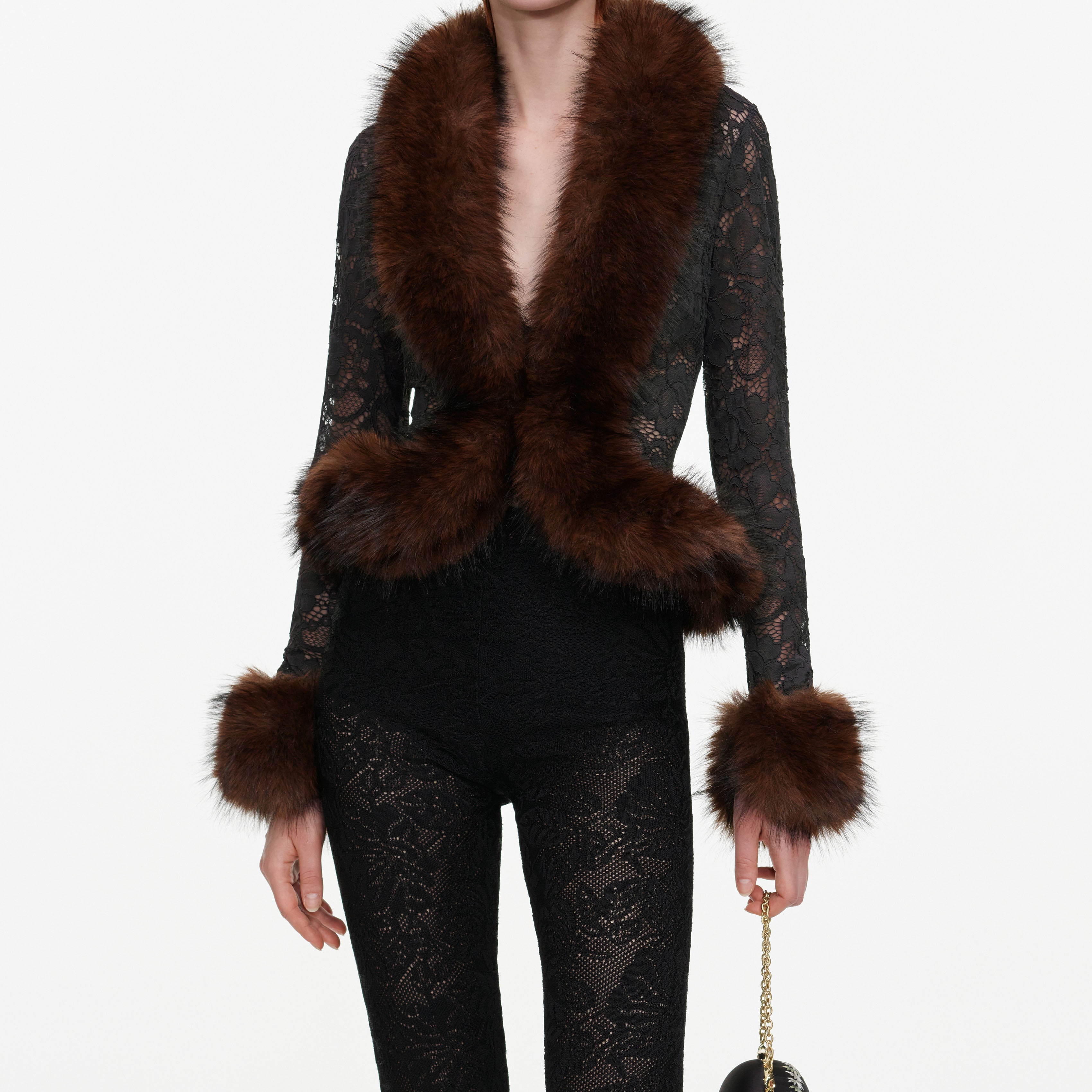 Self Portrait Tops Grey Lace Fur Collar Top grau