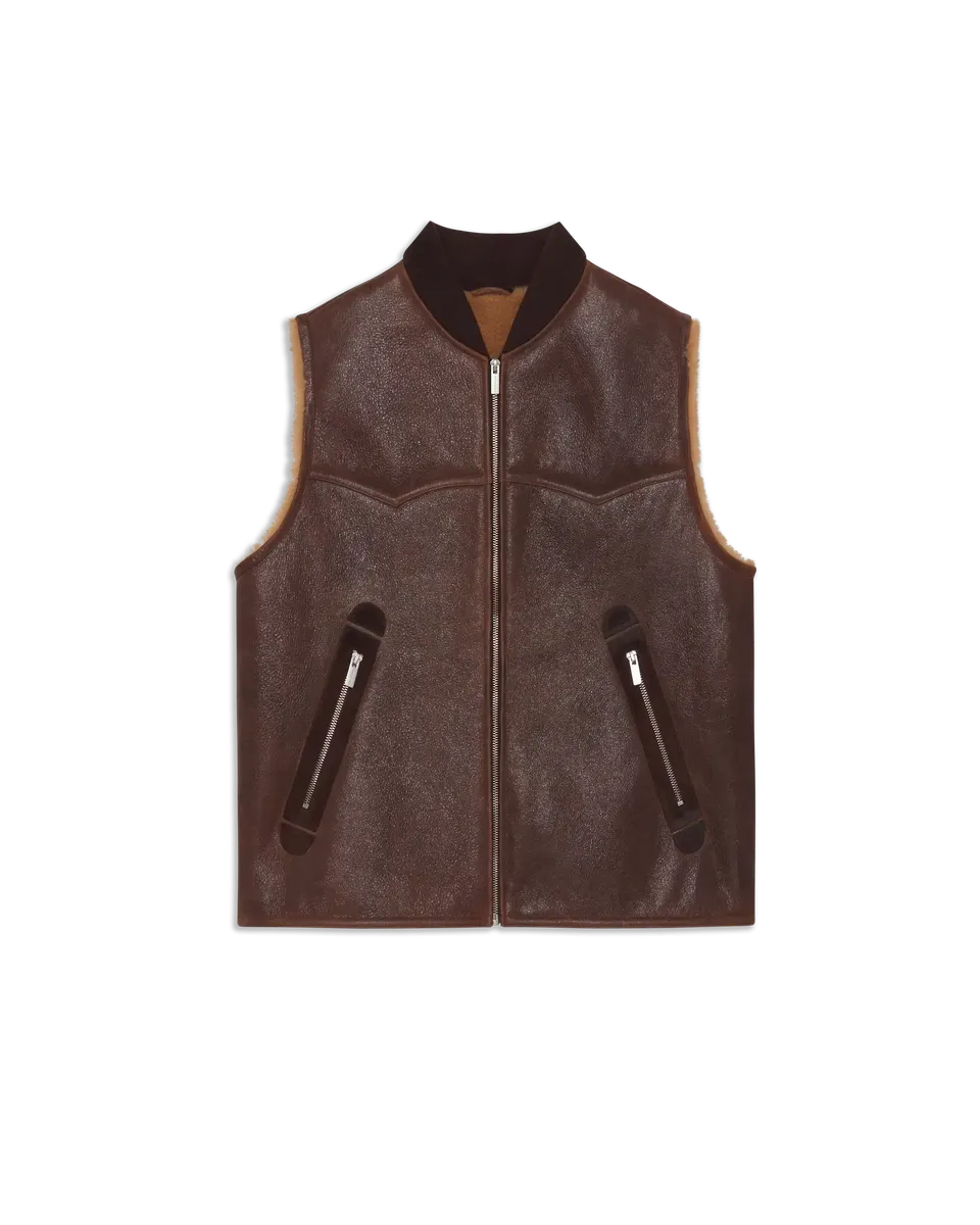 Drôle De Monsieur Shearling Sleeveless Zipped Vest Weste braun Leder