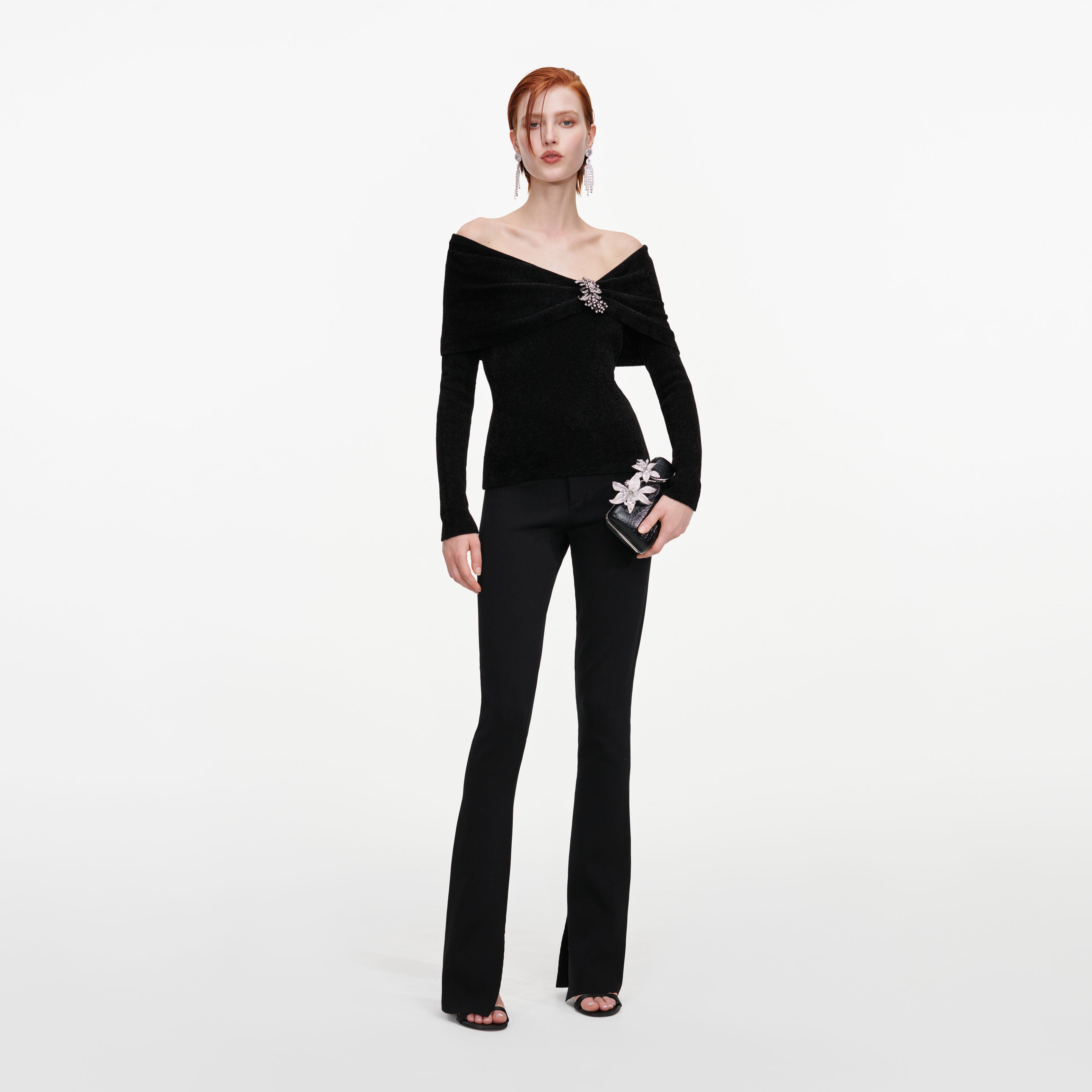 Self Portrait Chenille Stricktop schwarz Brosche Gr. S