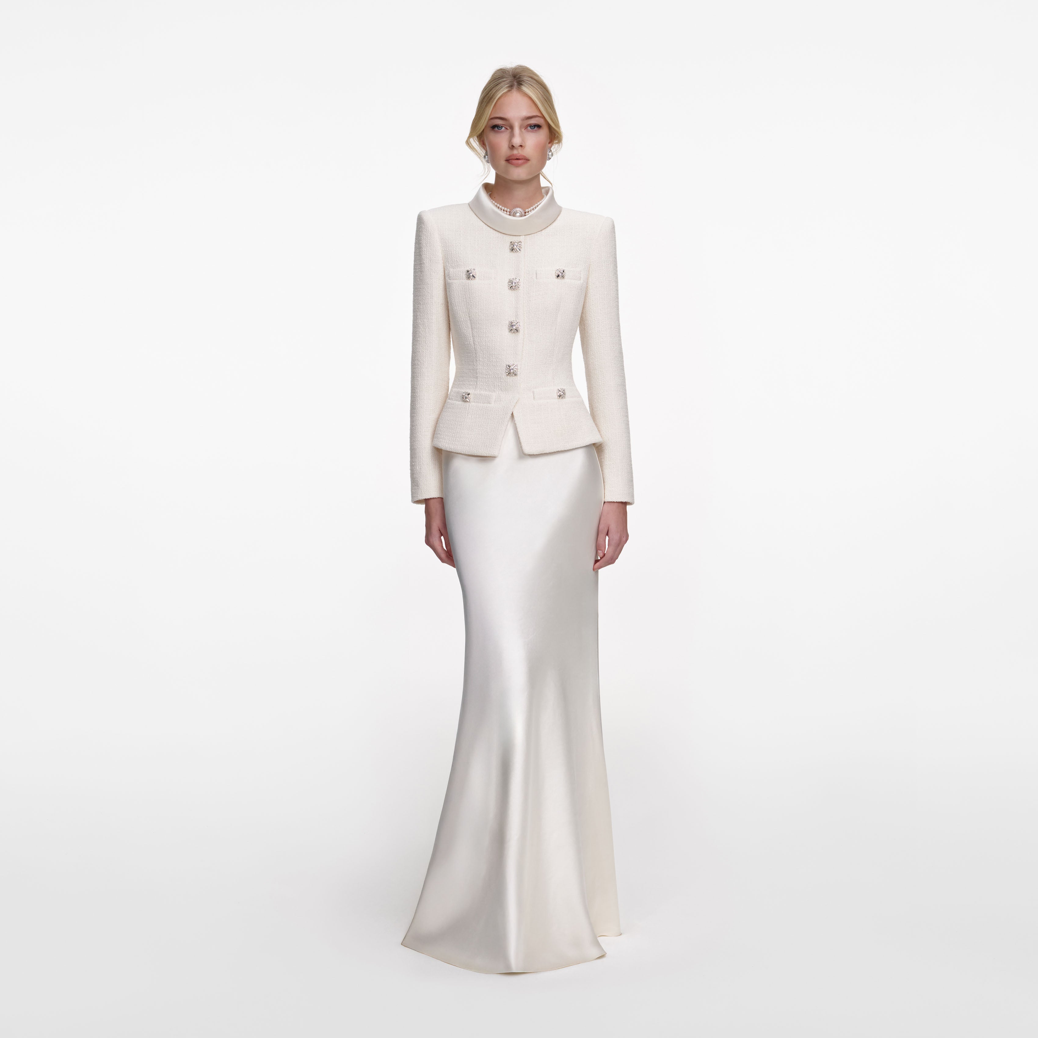 Self Portrait Cream Boucle Collared Maxi Kleid Creme