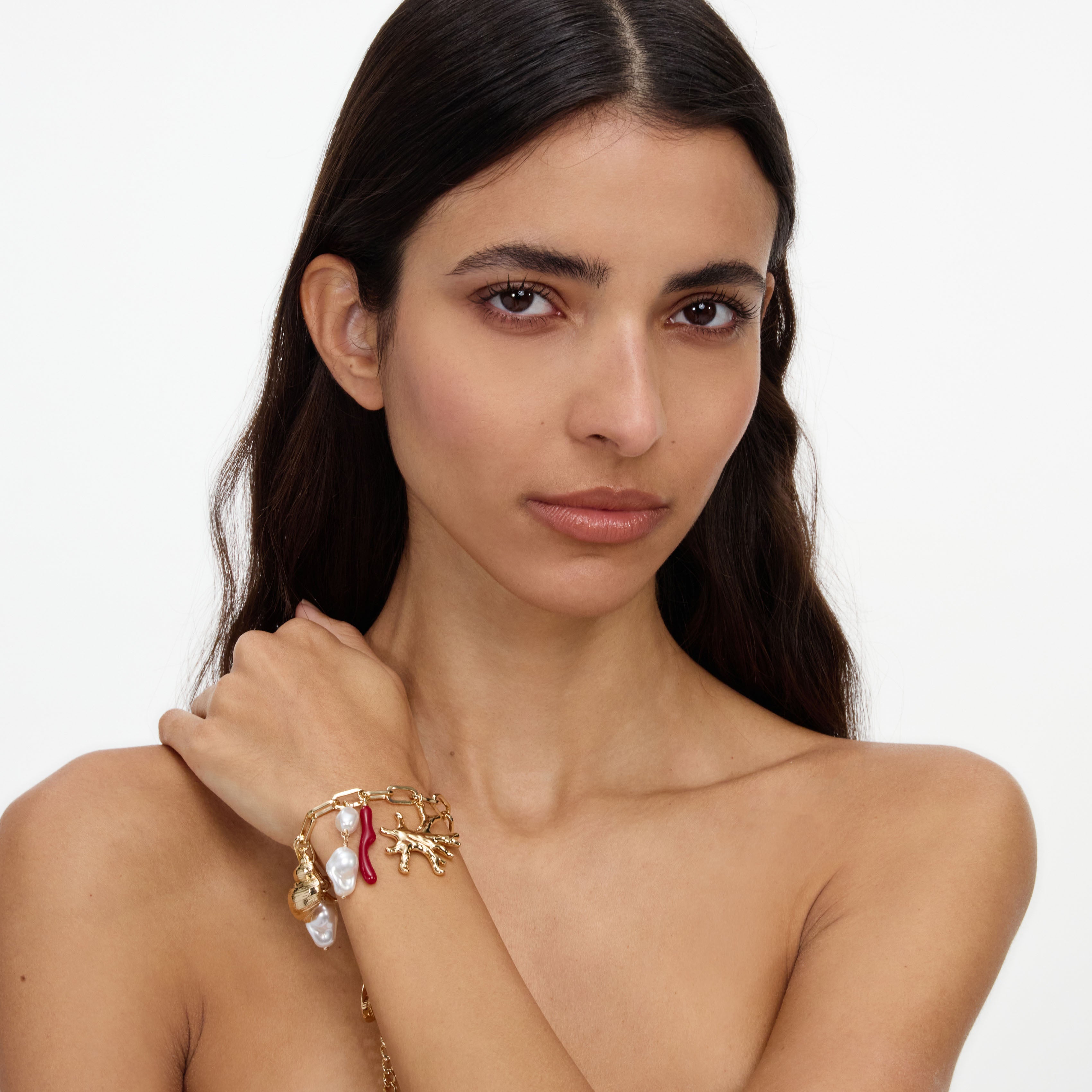 Self-Portrait Jewellery Gold Coral Pearl Charm Armband Einheitsgröße