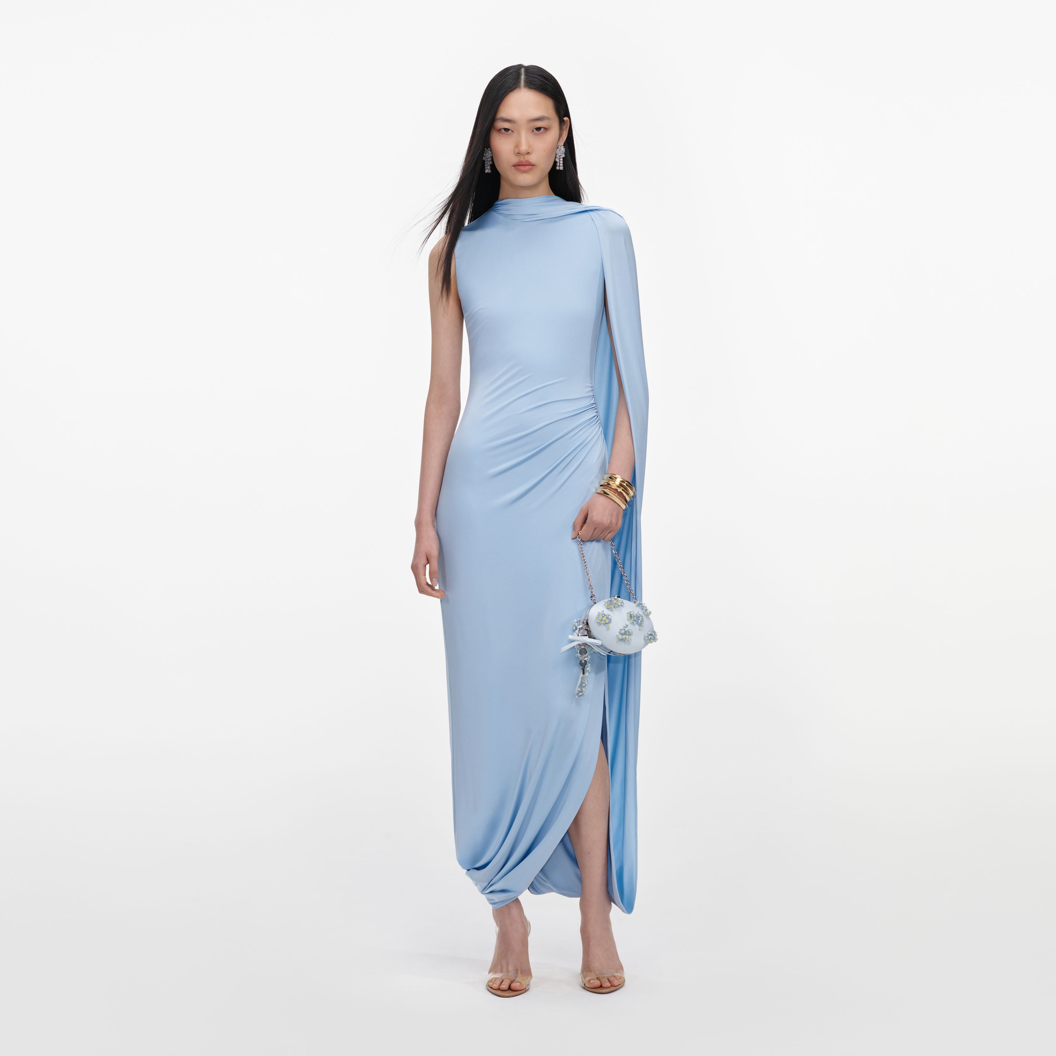 Self Portrait Blue Jersey Draped Maxi Dress Kleid Blau UK 4