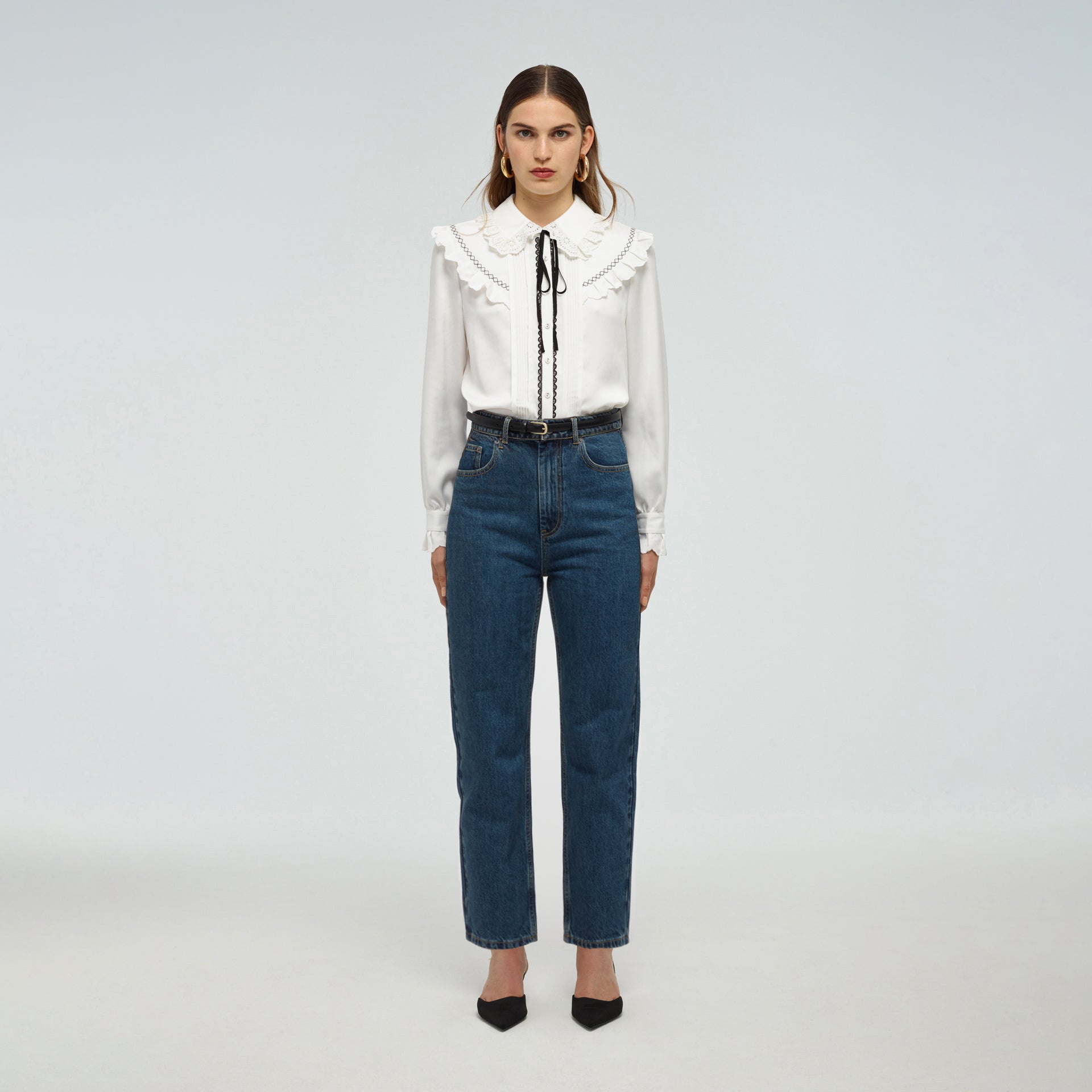 Self Portrait Frill Yoke Shirt Bluse Weiss Twill UK 8
