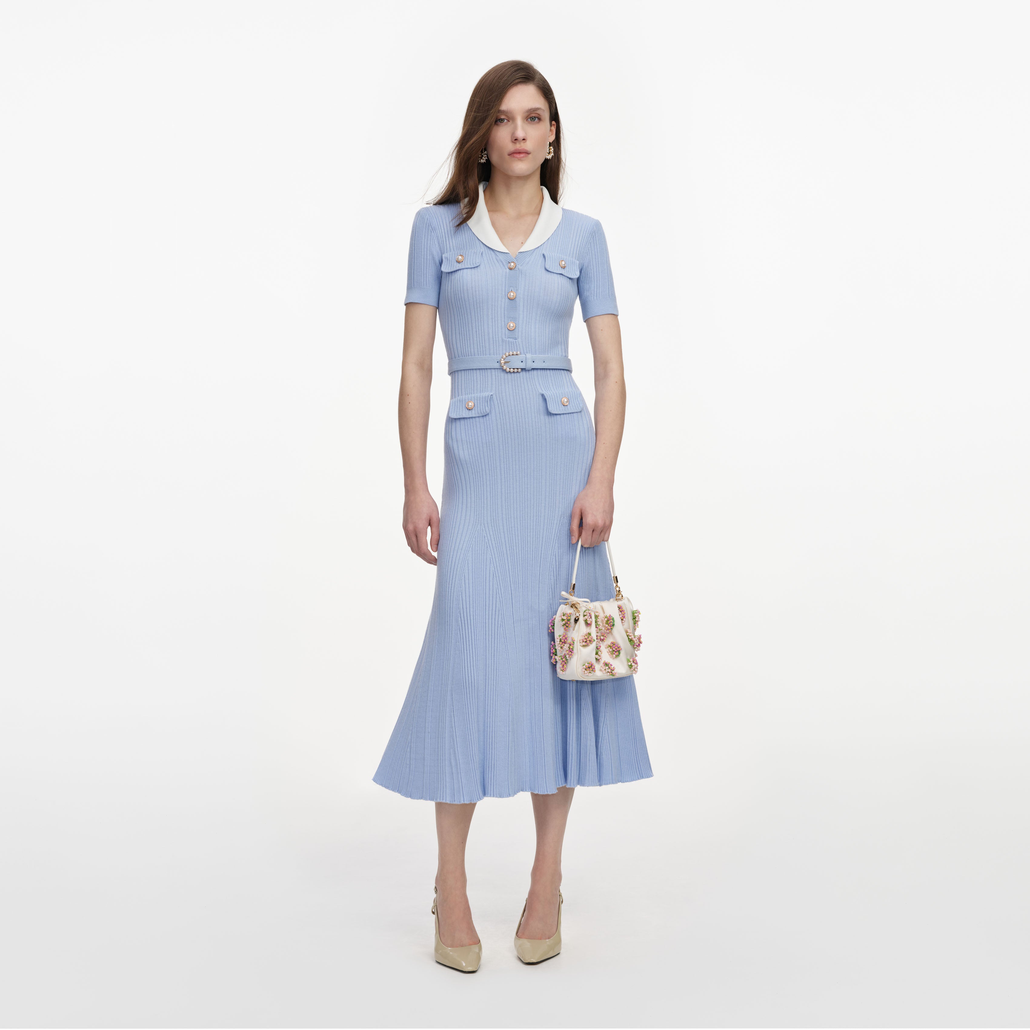 Self Portrait Blue Ribbed Knit Midi Kleid Blau Gr. S