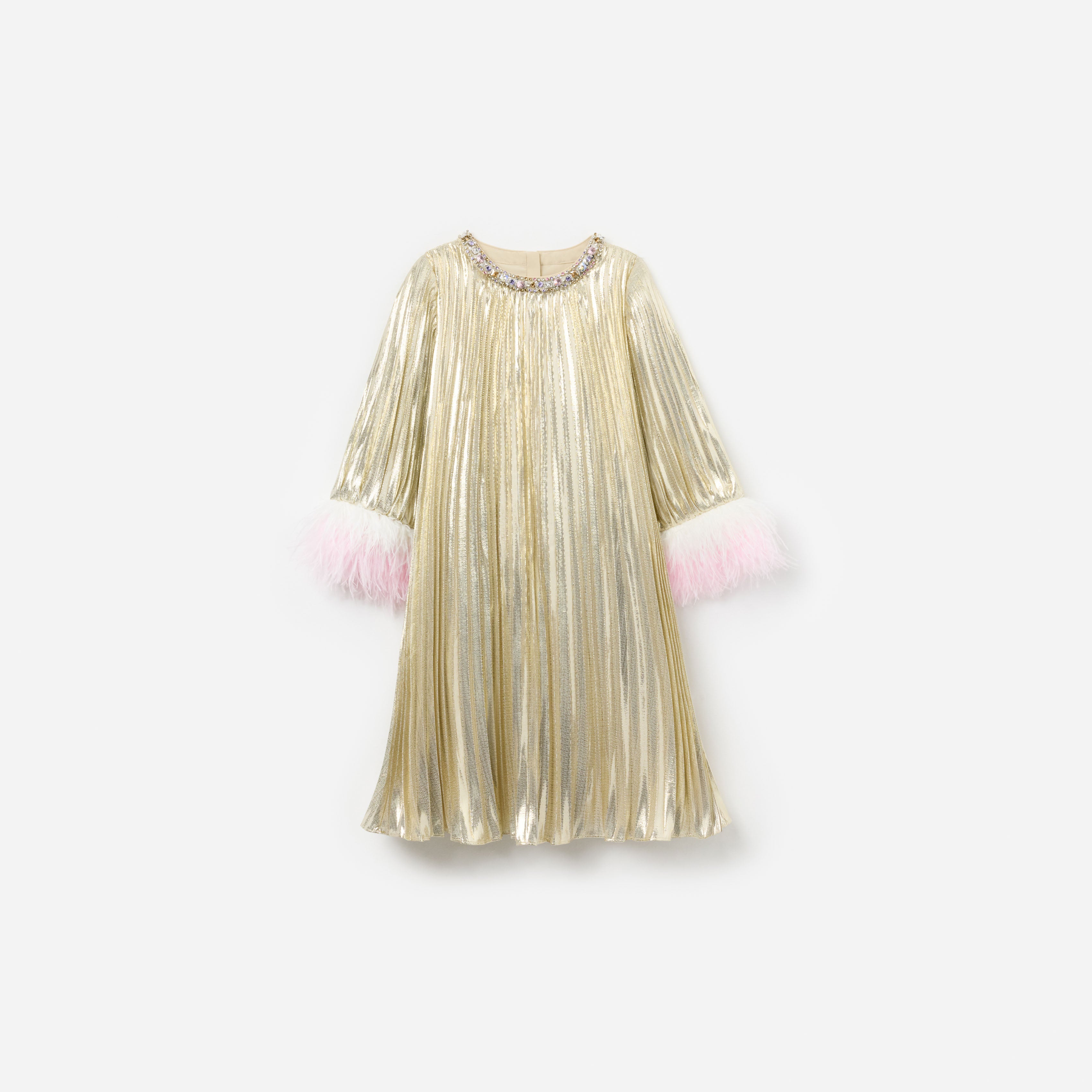 Self Portrait Gold Metallic Chiffon Feather Kinderkleid Champagner