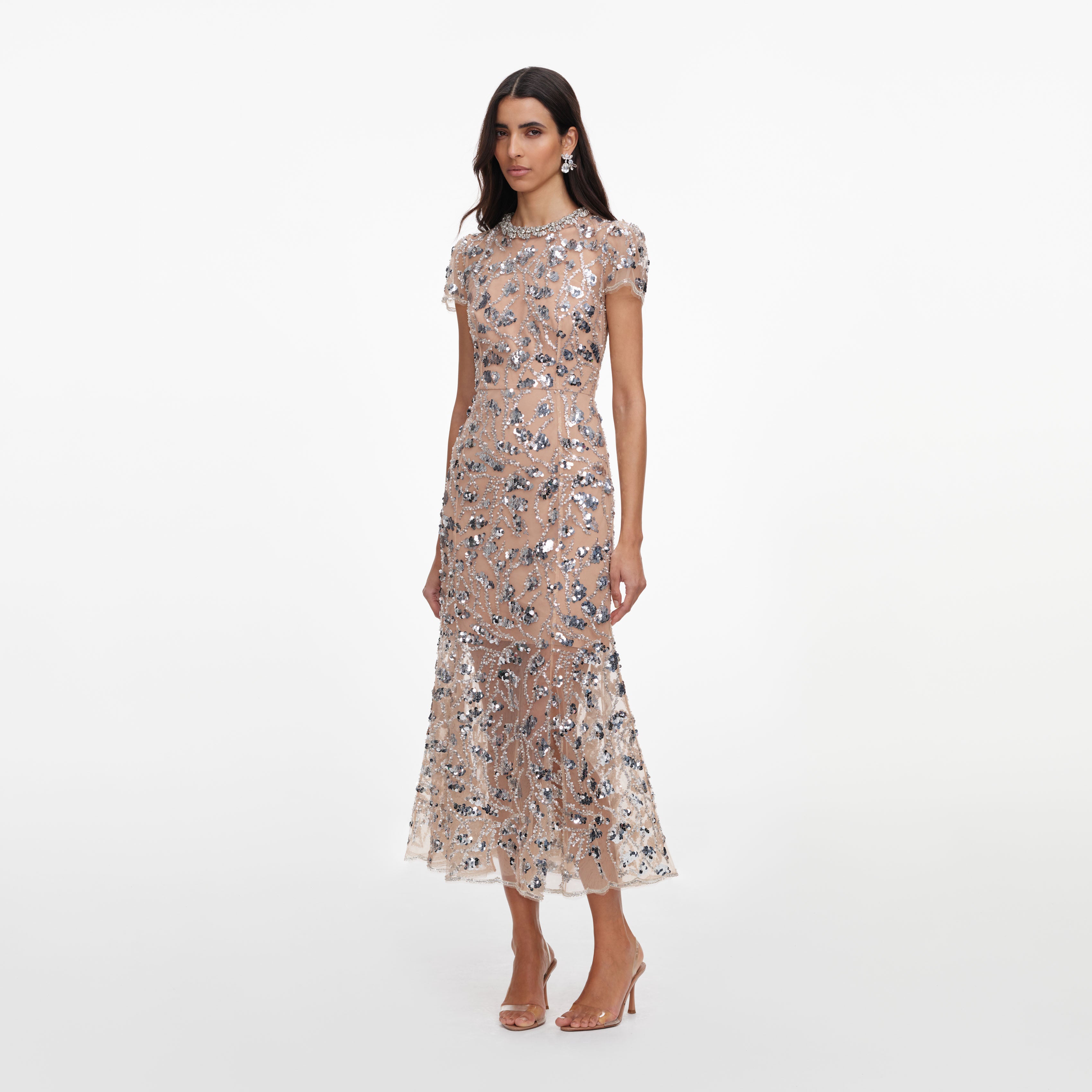 Self Portrait Silver Sequin Midi Kleid Silber UK 8 Pailletten