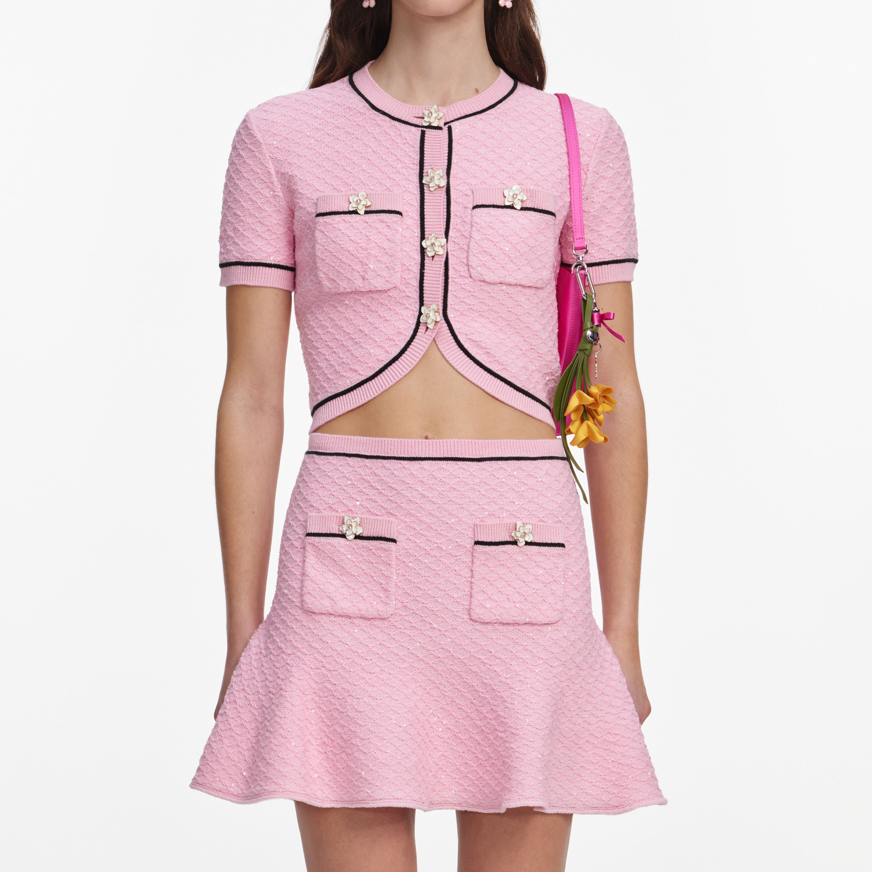 Self Portrait Pink Flower Knit Minirock Pink Waffle-Strick