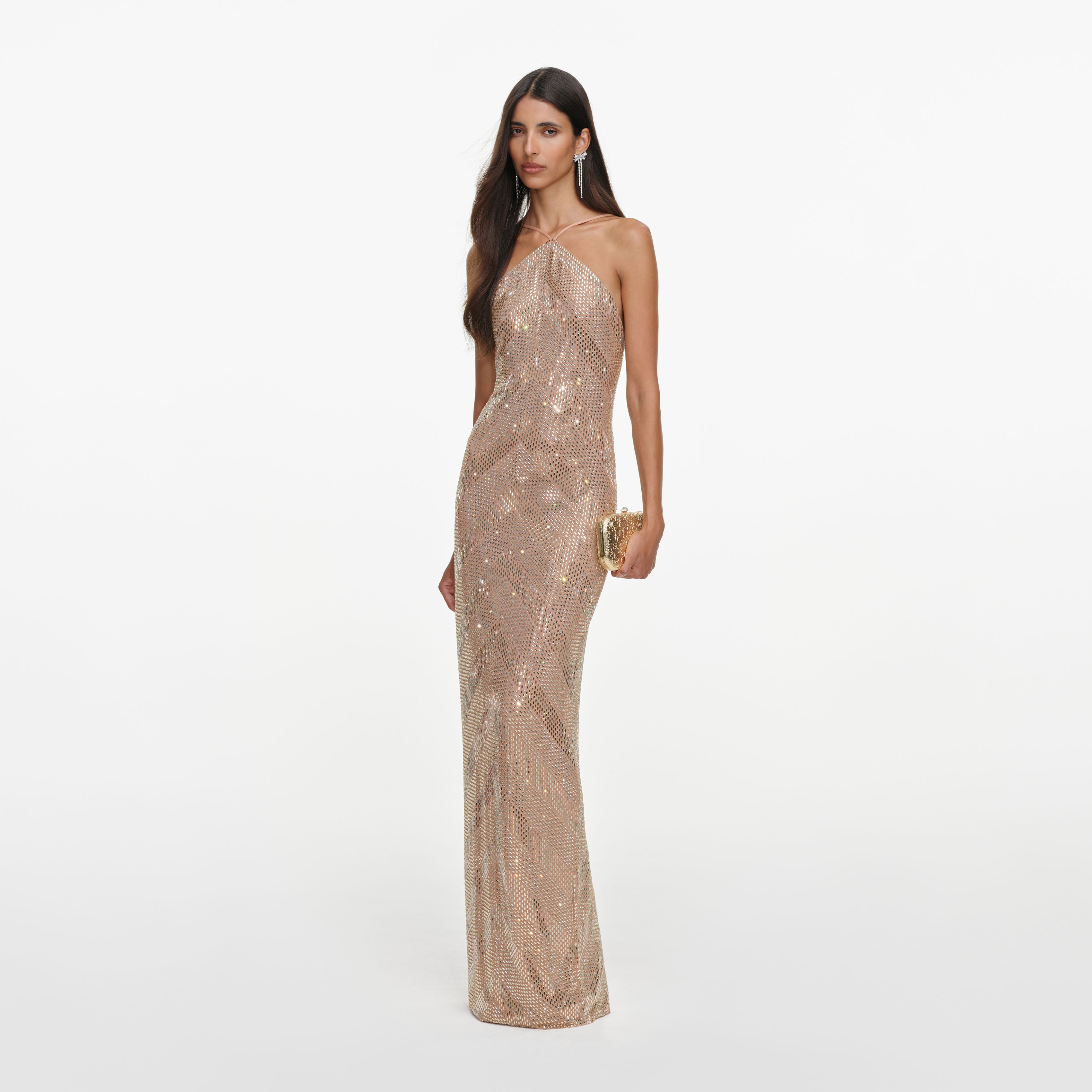 Self Portrait Dresses Champagne Chevron Halterneck Maxi Kleid Champagner rückenfrei