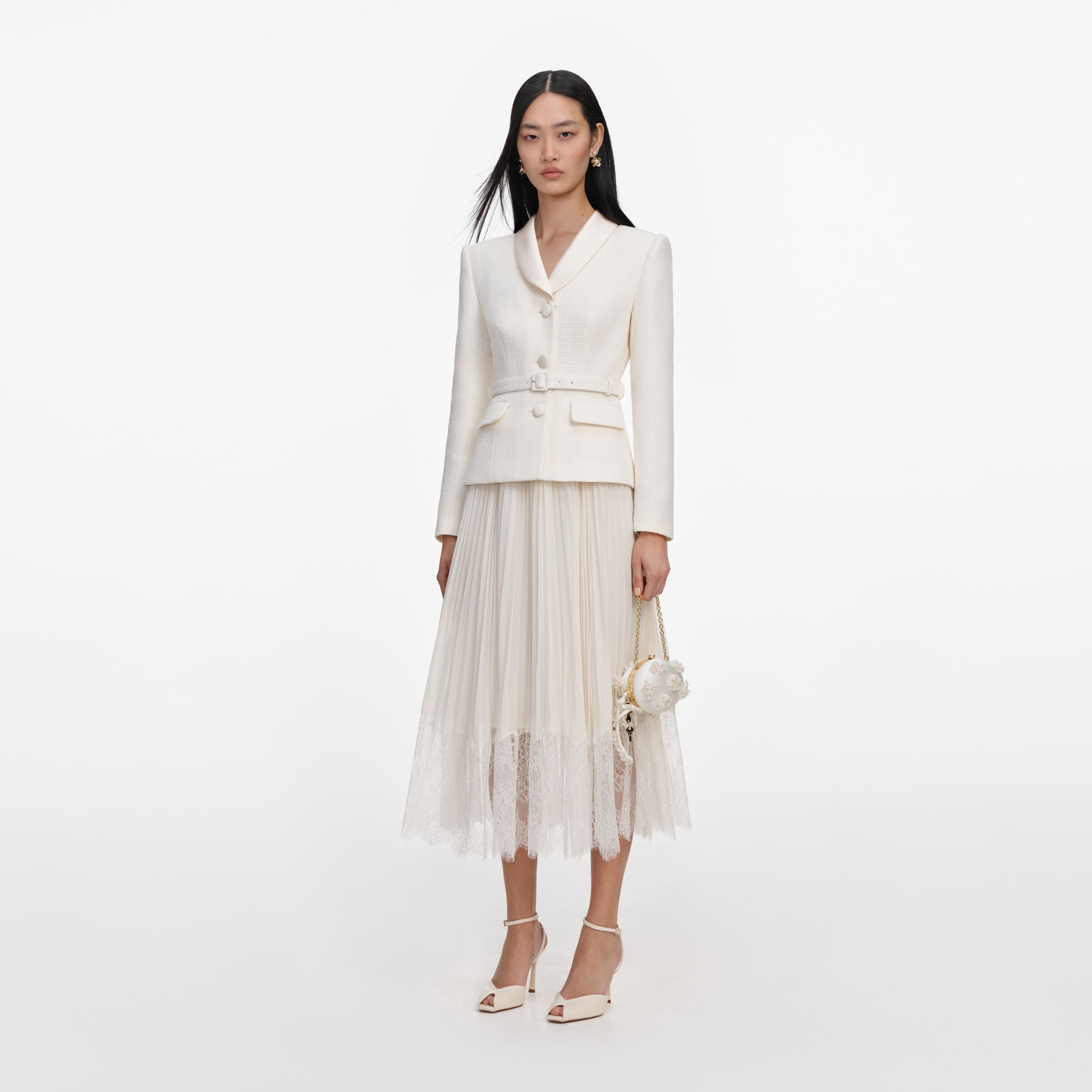 Self Portrait Cream Boucle Midi Kleid Creme Schal
