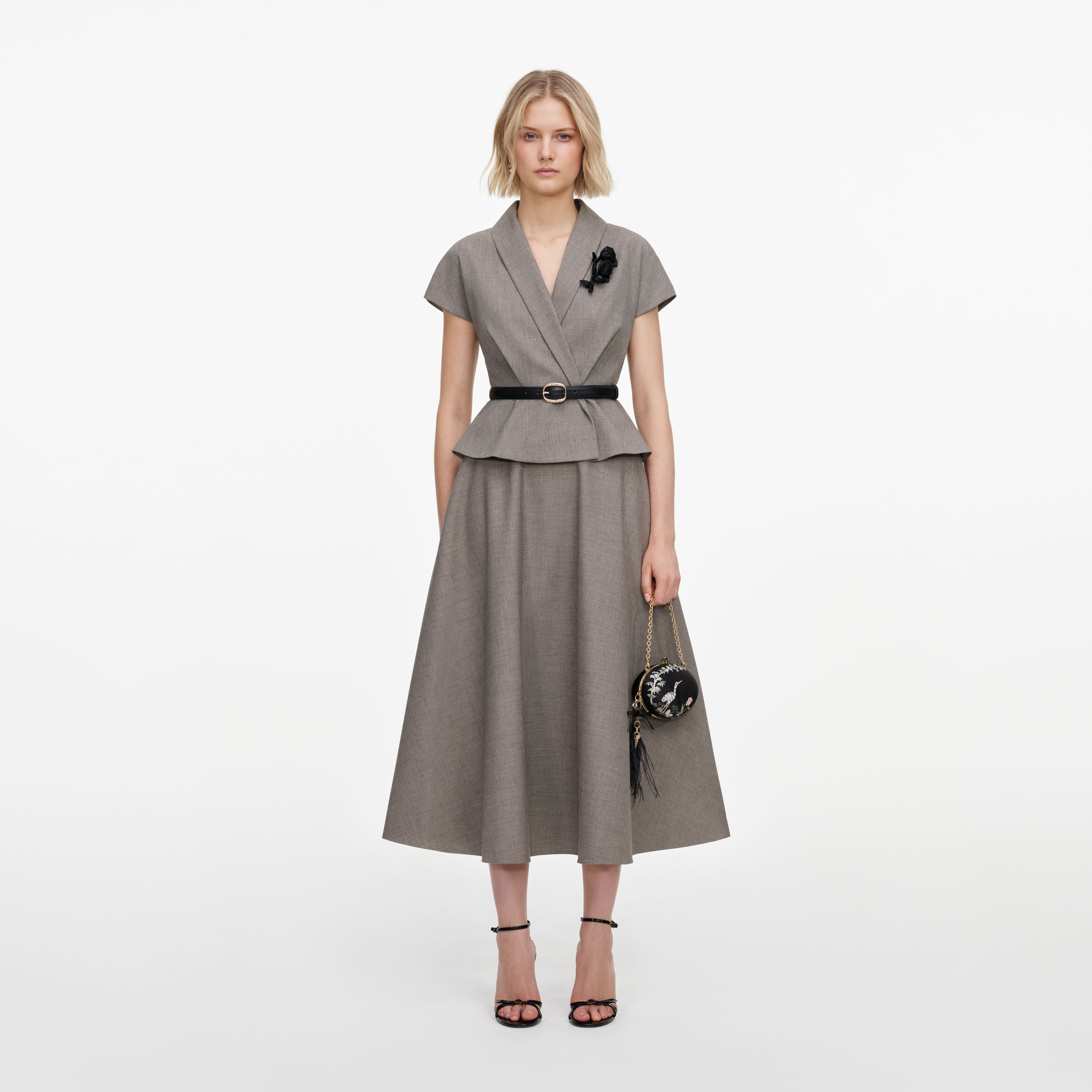Self Portrait Brown Twill Brooch Midi Kleid Braun 2-in-1