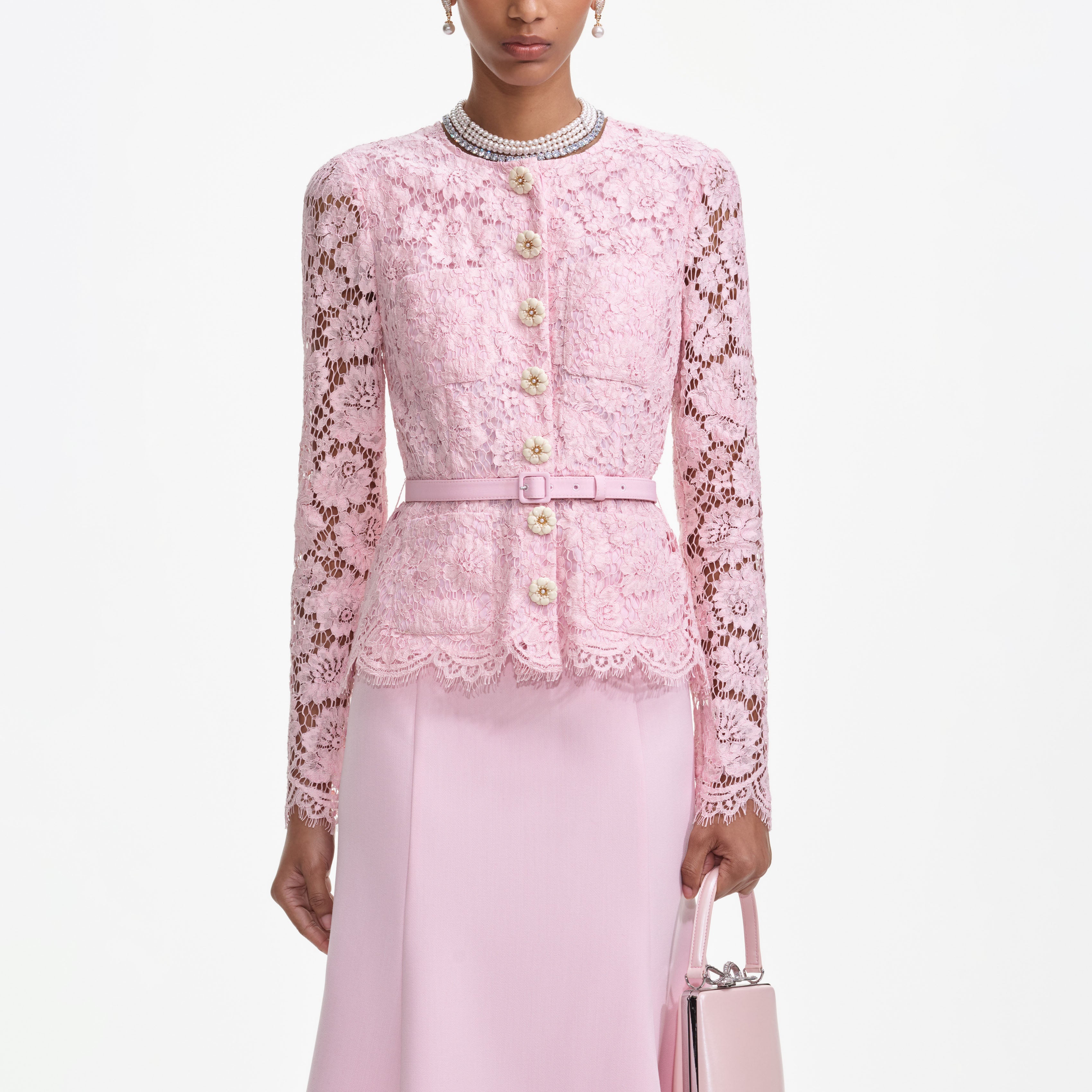Self Portrait Pink Tailored Lace Midi Kleid Rosa Gürtel