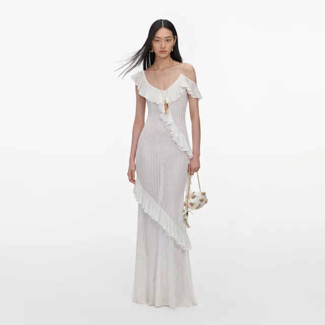 Self Portrait White Ruffle Knit Maxi Kleid Weiß