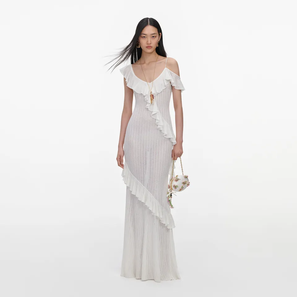 Self Portrait White Ruffle Knit Maxi Kleid Weiß