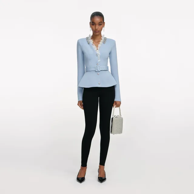 Self Portrait Blue Crystal Trim Cardigan Strickjacke Blau M Gürtel