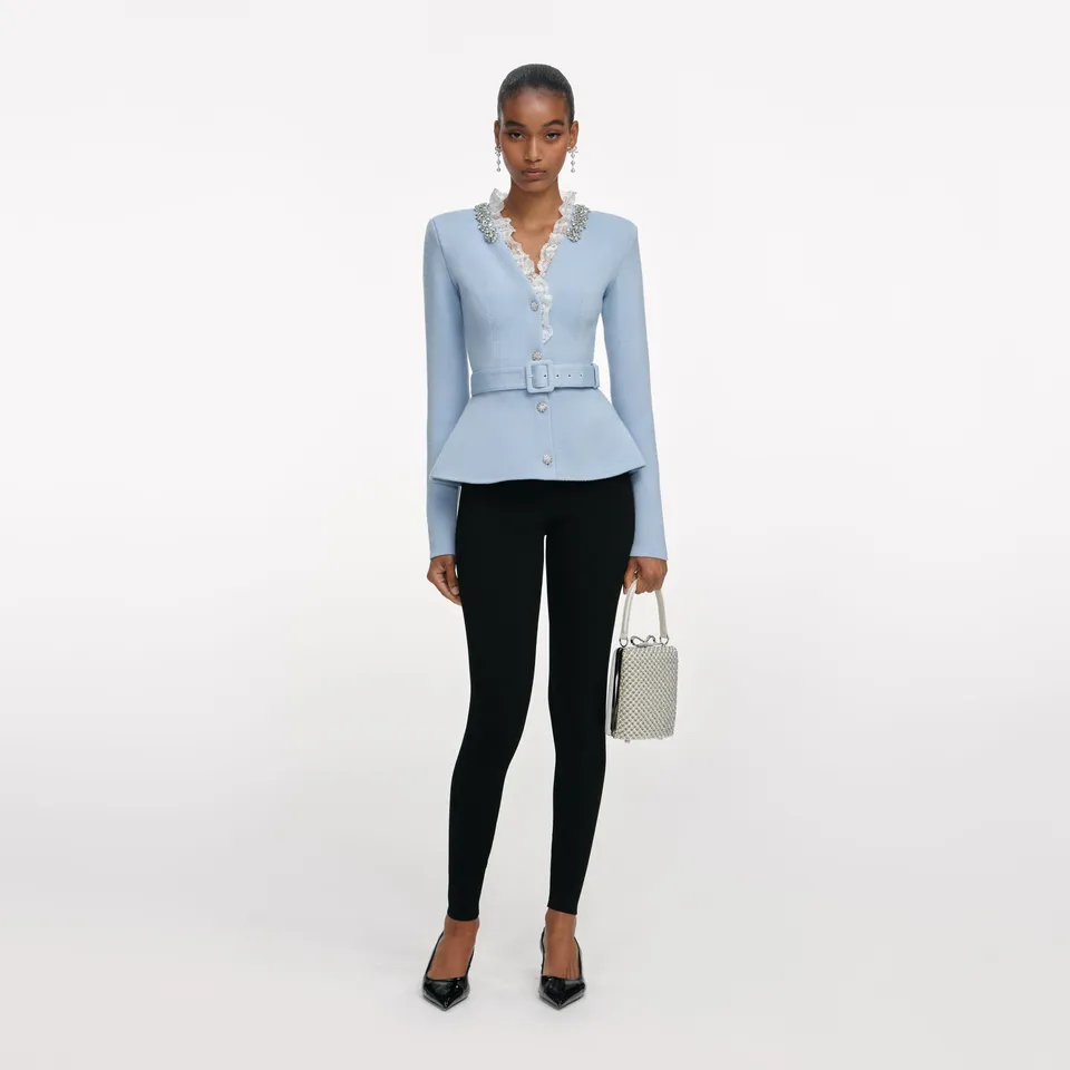 Self Portrait Blue Crystal Trim Cardigan Strickjacke Blau M Gürtel