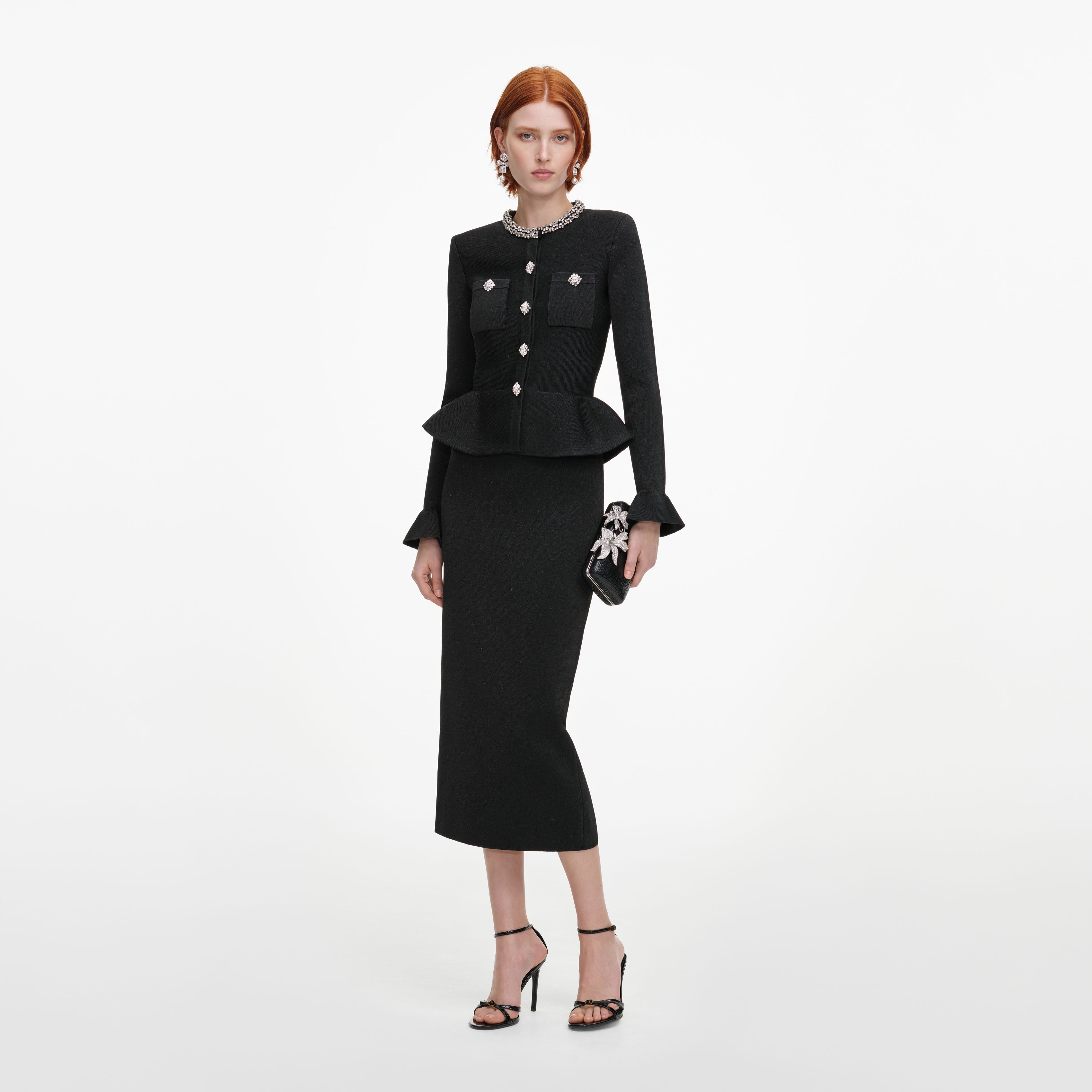 Self Portrait Black Crystal Trim Knit Midi Kleid Schwarz