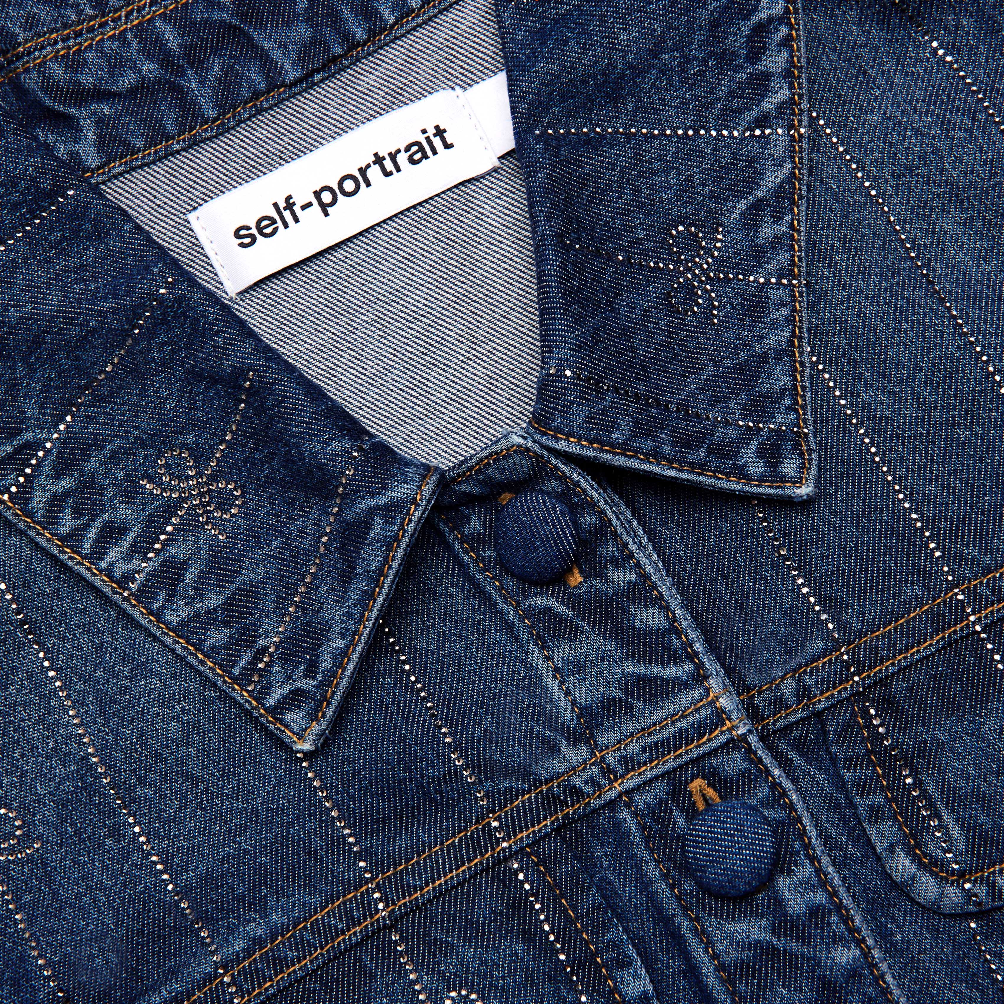 Self Portrait Denim Minikleid Blau Strassstreifen Taschen