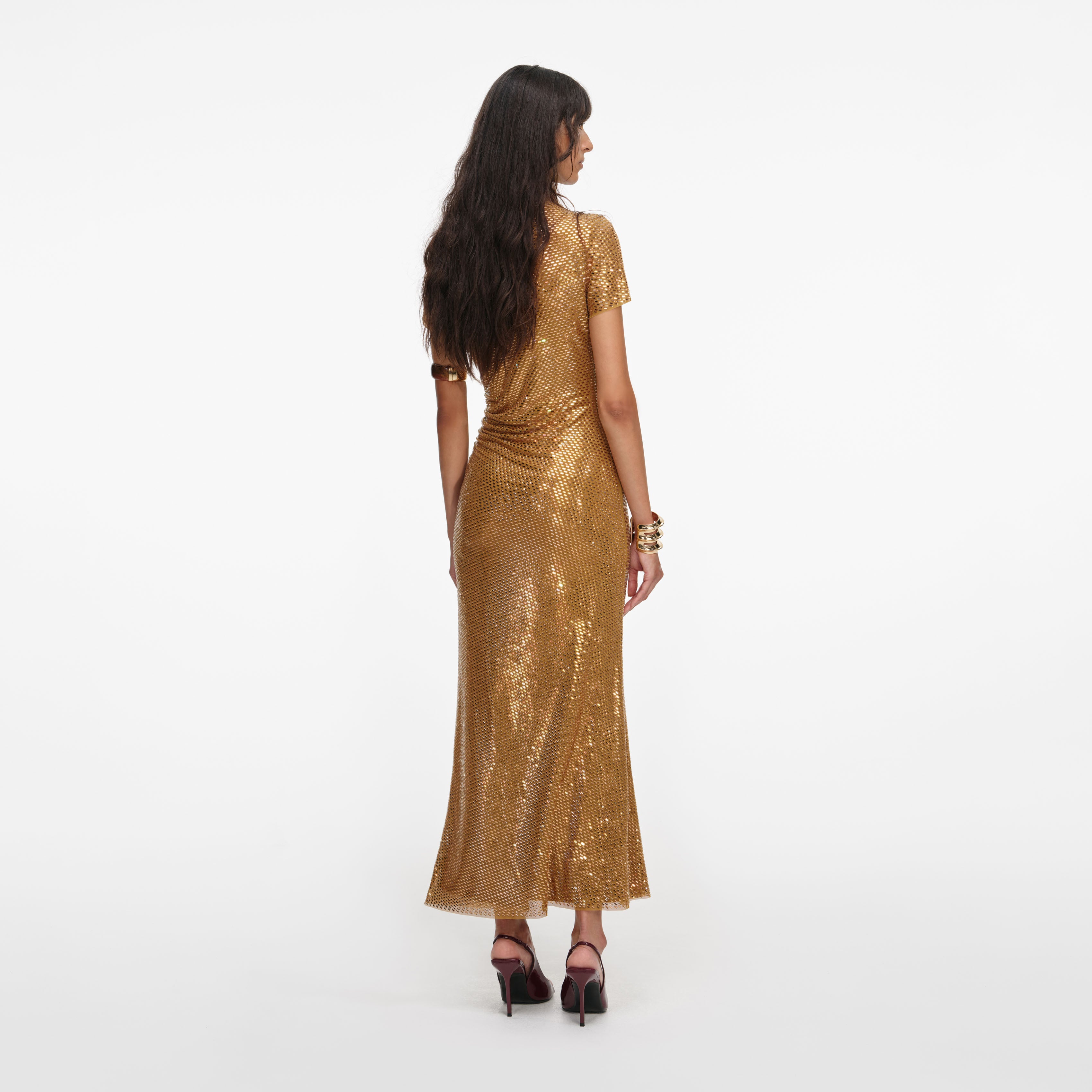 Self Portrait Gold Rhinestone Drape Midi Kleid Gold