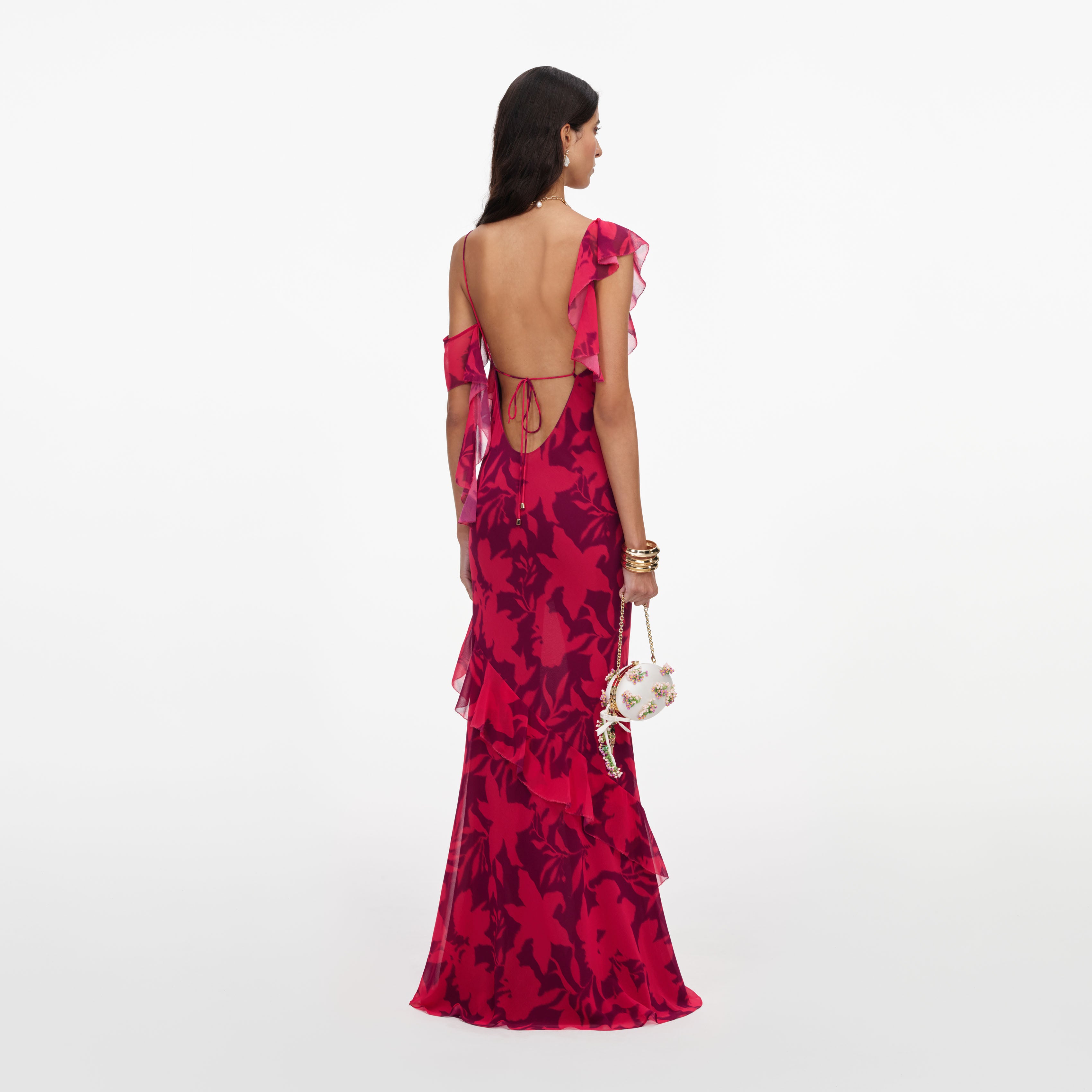 Self Portrait Floral Ruffle Maxikleid Pink Georgette UK 8