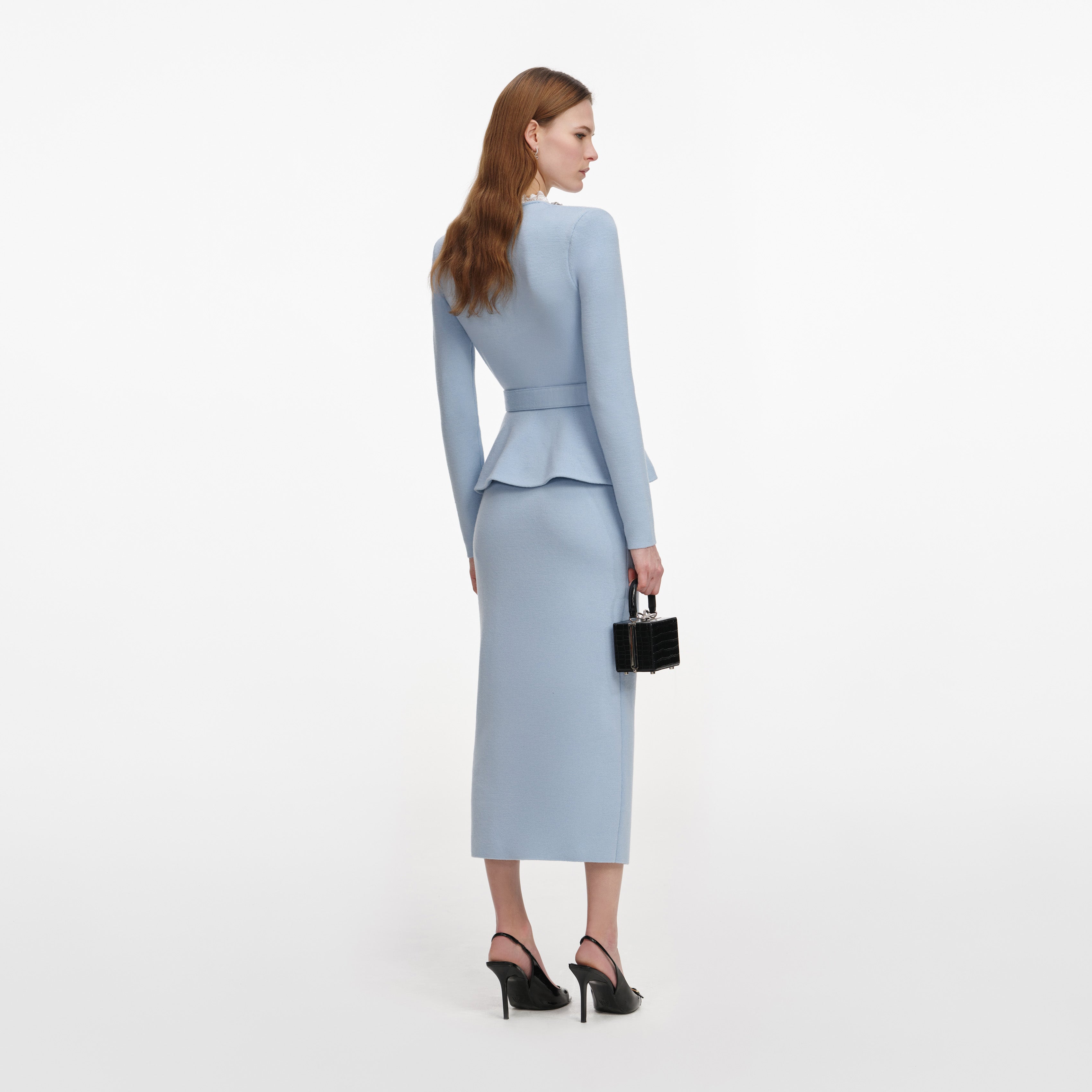 Self Portrait Blue Crystal Trim Knit Midi Dress Strickkleid blau