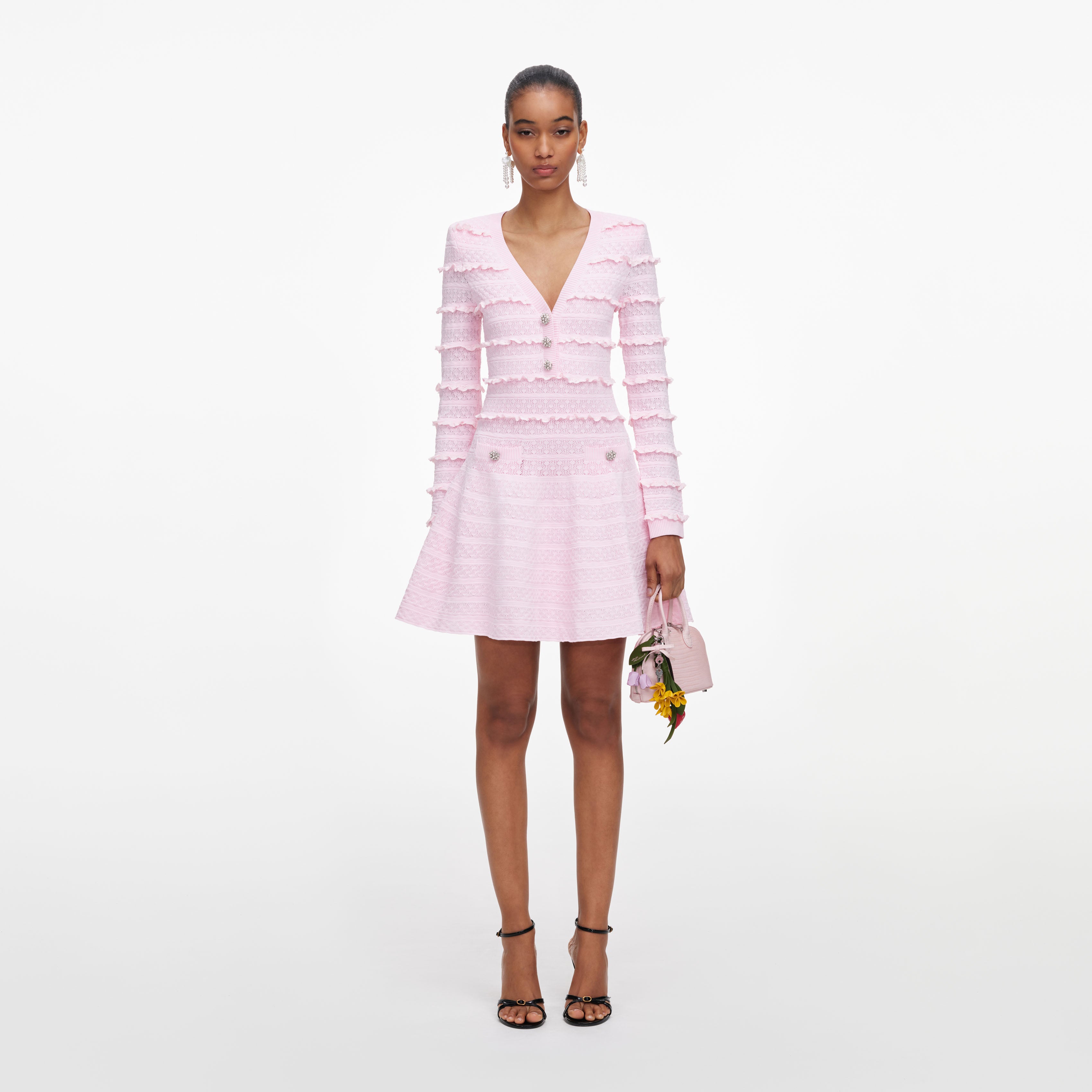 Self Portrait Pink Pointelle Diamante Knit Mini Kleid Pink S
