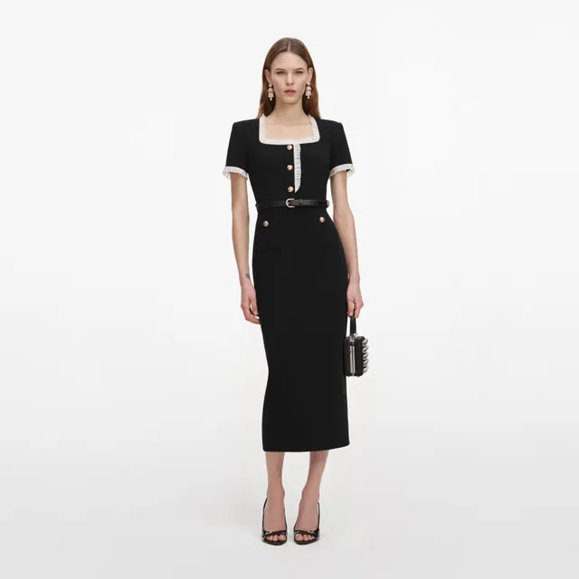 Self Portrait Black Crepe Contrast Frill Midi Kleid Schwarz