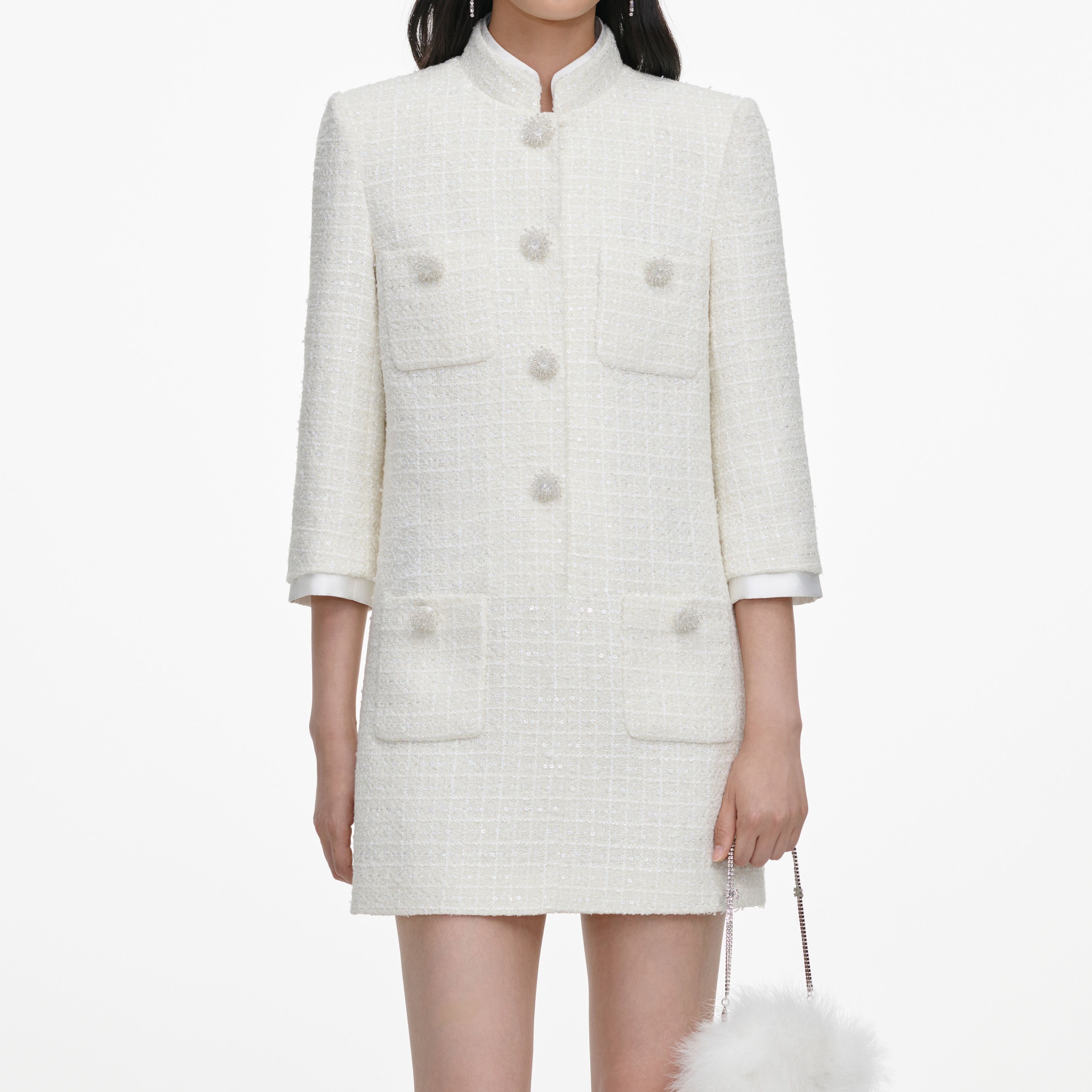 Self Portrait Boucle Minikleid Creme Taschen Gr. UK 8