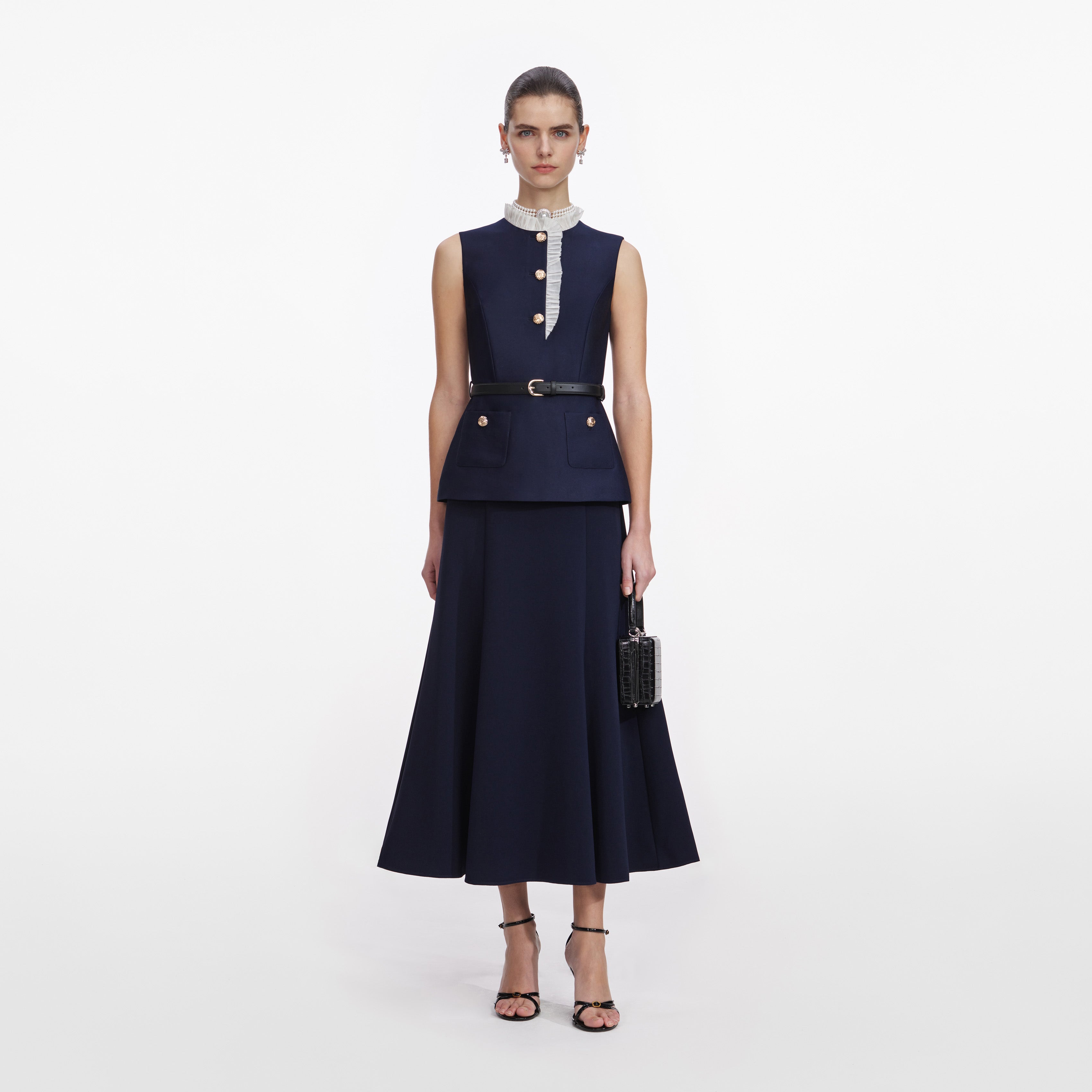 Self-Portrait Taffeta Contrast Frill Midi Kleid navy