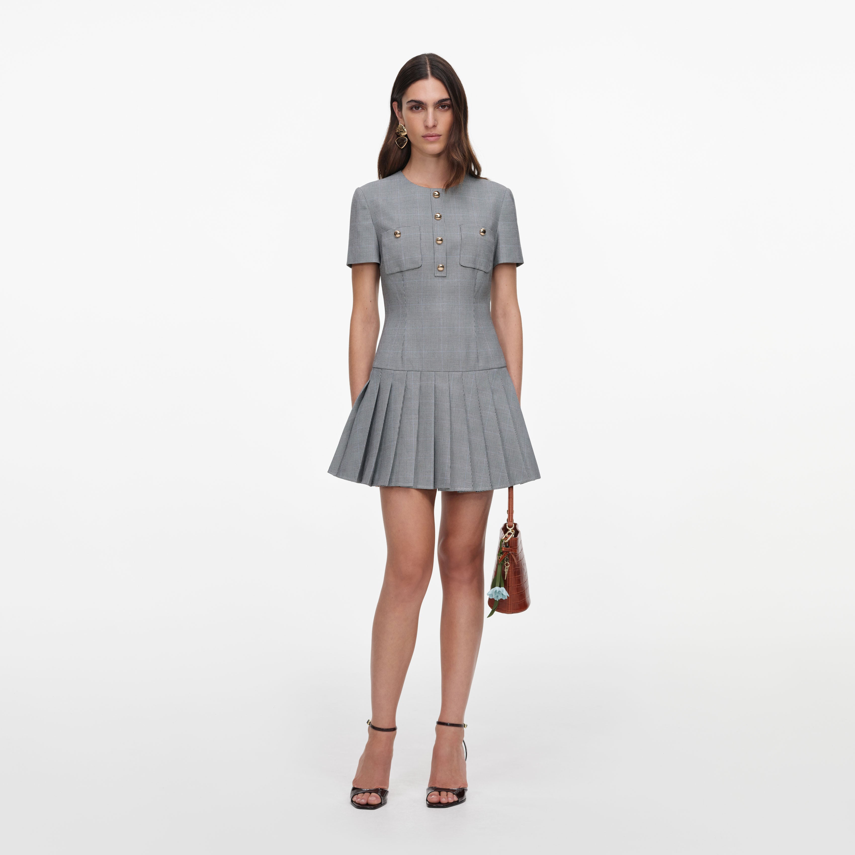 Self Portrait Check Pleated Mini Kleid Grau UK 6