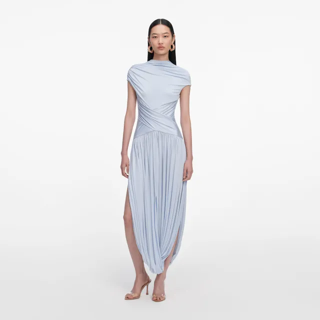 Self Portrait Blue Jersey Gathered Midi Kleid Blau Jersey