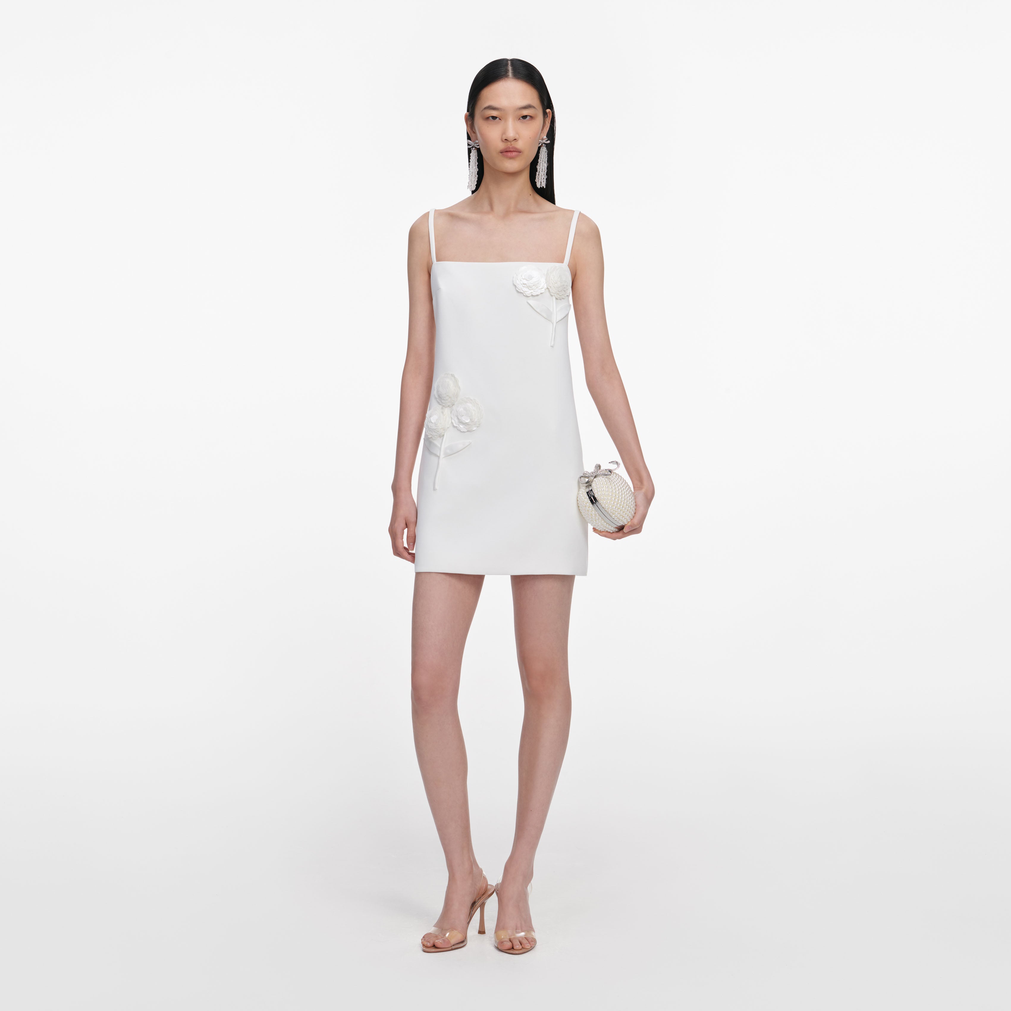 Self Portrait White Crepe 3D Sequin Flower Mini Kleid Weiß UK 8