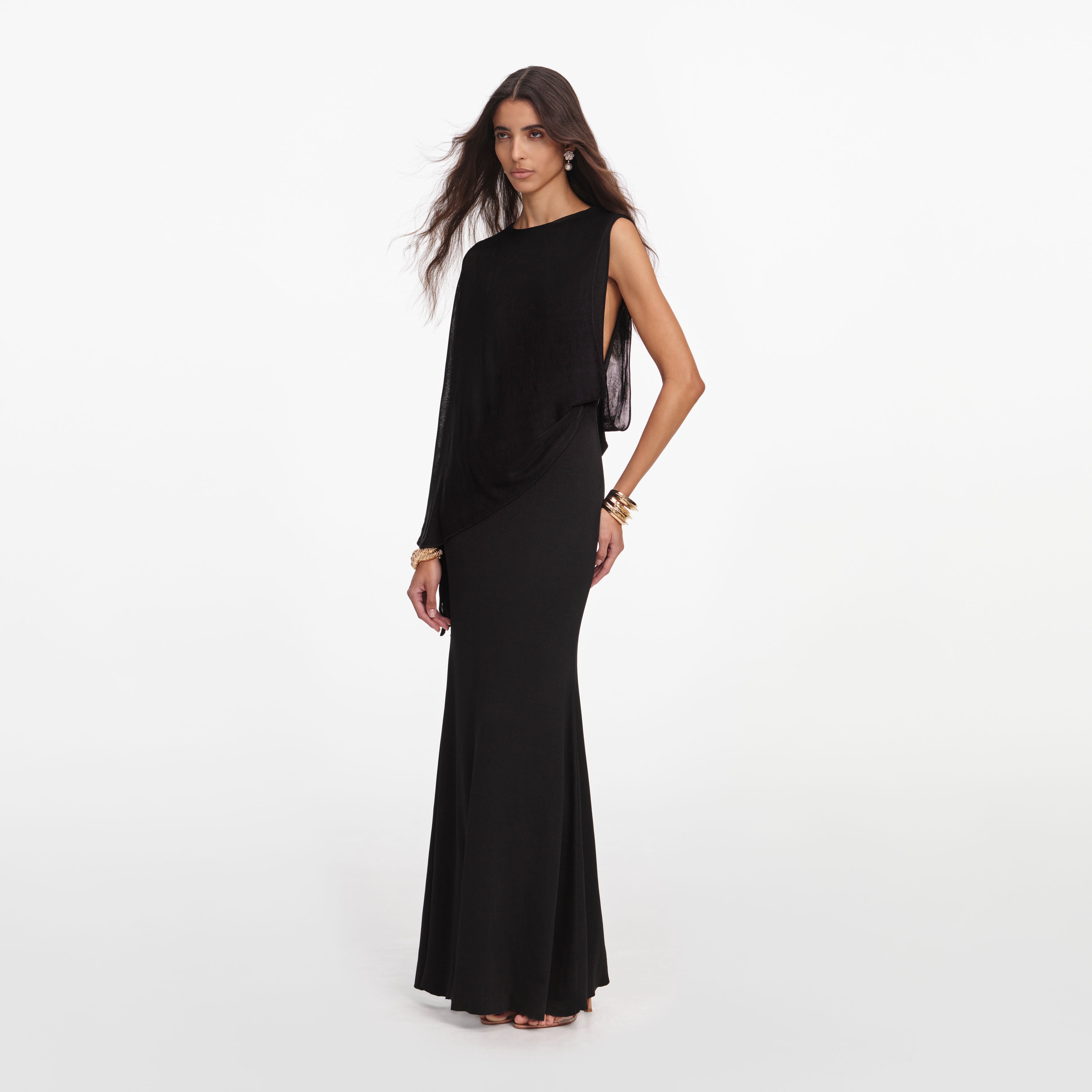 Self Portrait One Shoulder Maxi Kleid Schwarz XS Viskose