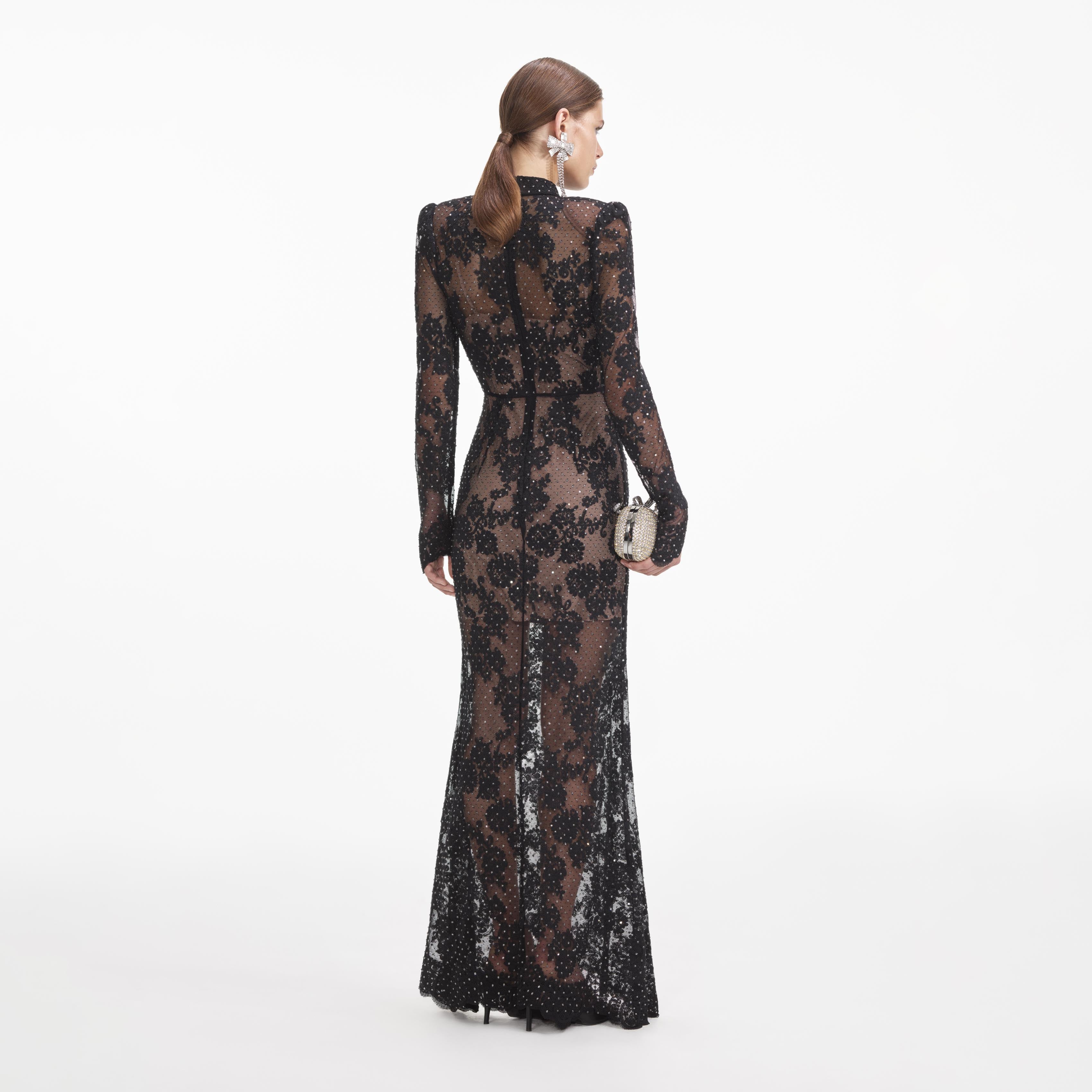 Self Portrait Black Rhinestone Lace Maxi Kleid Schwarz UK 6