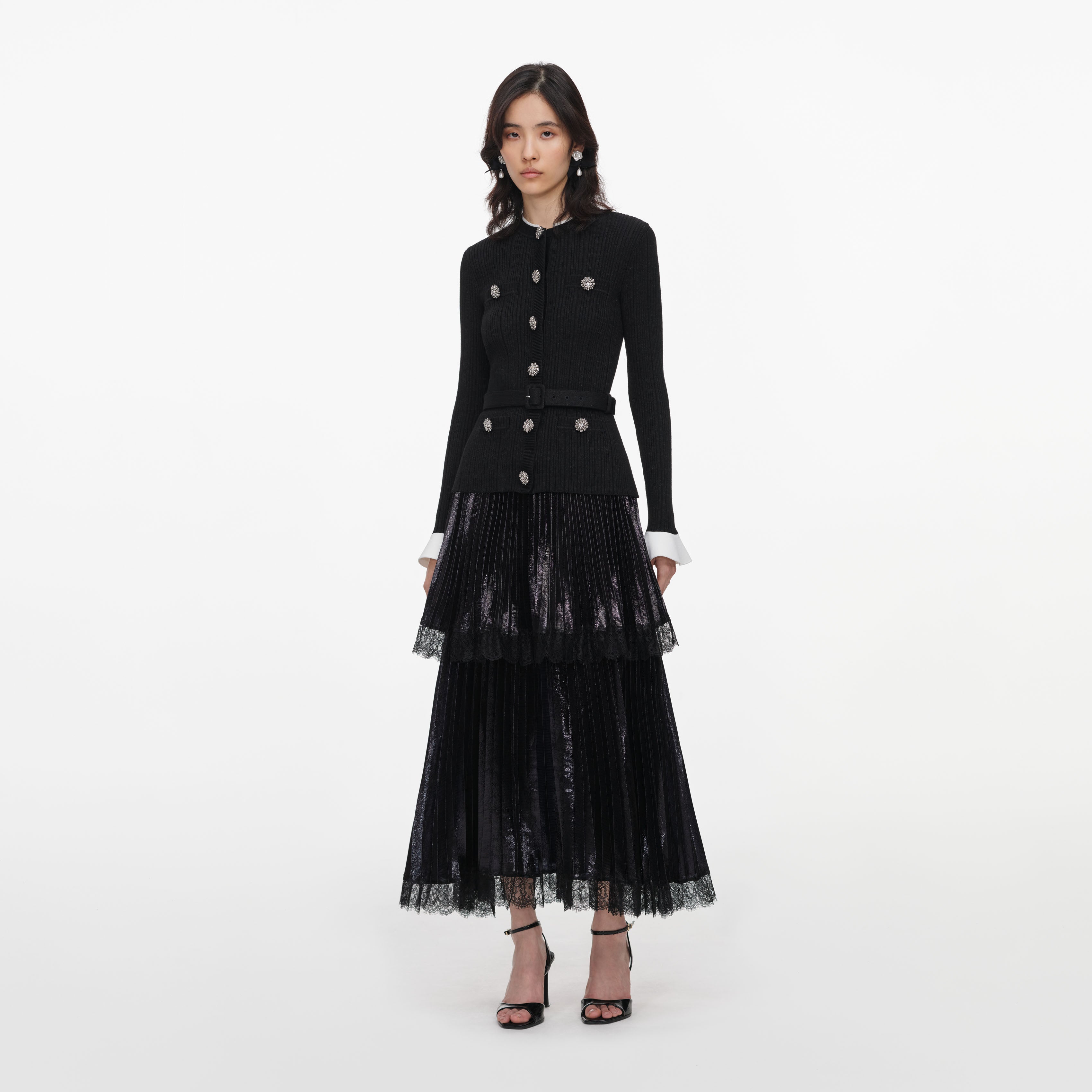 Self Portrait Black Knit Chiffon Midi Dress Schwarz