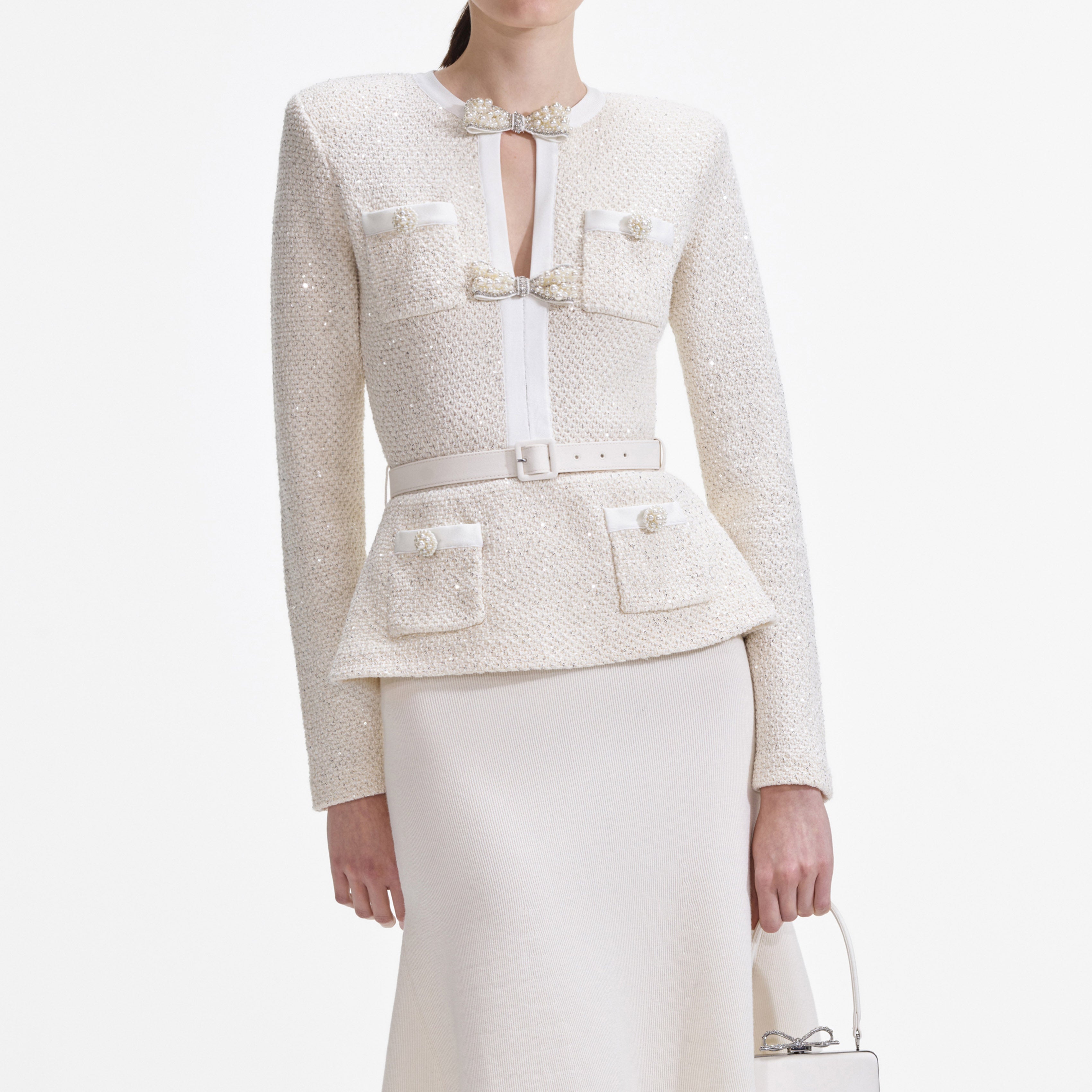 Self Portrait Sequin Midi Kleid Creme Strick Pailletten