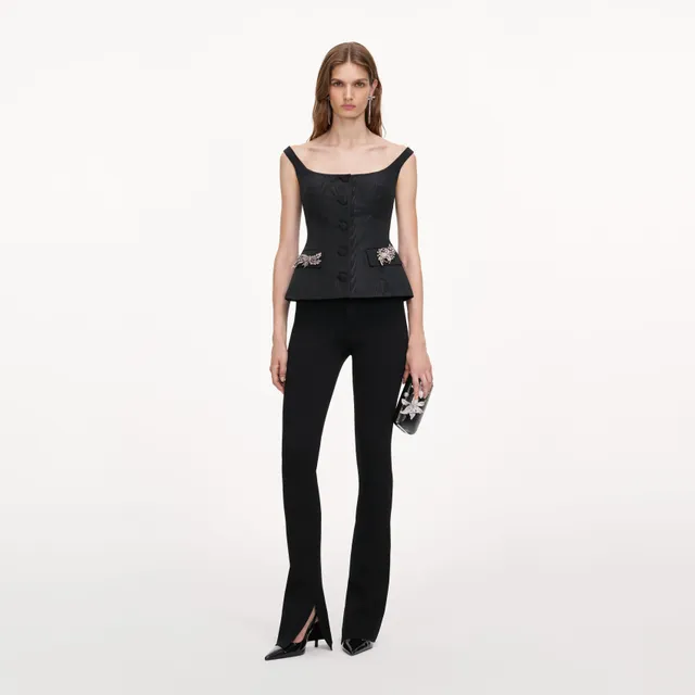 Self Portrait Black Structured Bardot Top Schwarz Twill