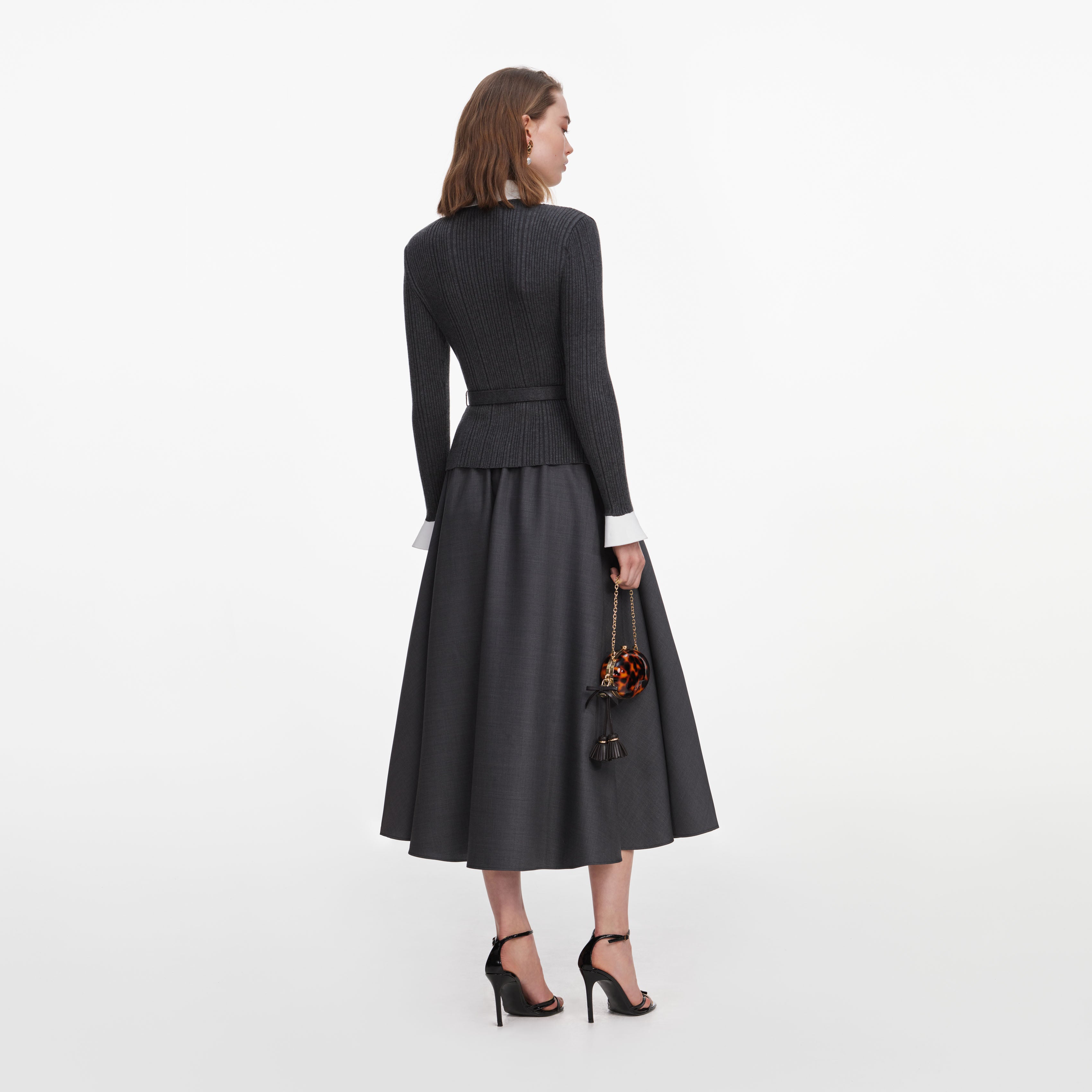 Self Portrait Knit Twill Midi Kleid grau mit Gürtel