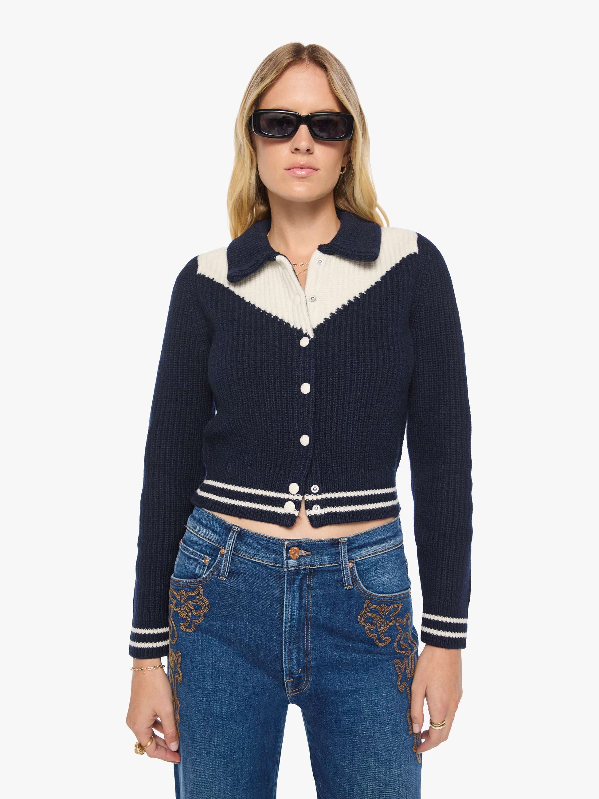Mother Sweaters The Baby Raquette Cardigan Strickjacke Navy Ivory