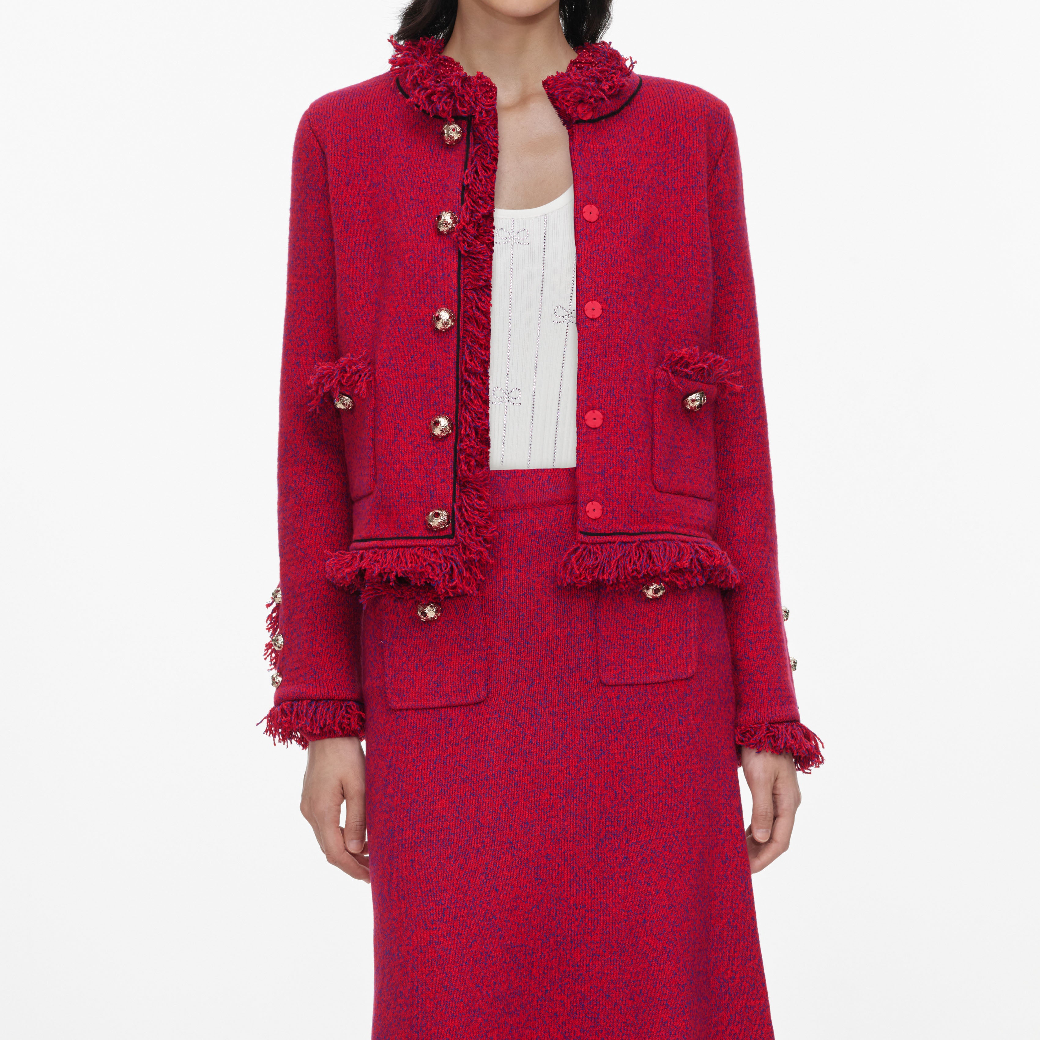 Self Portrait Red Frayed Strickrock Midi Rot