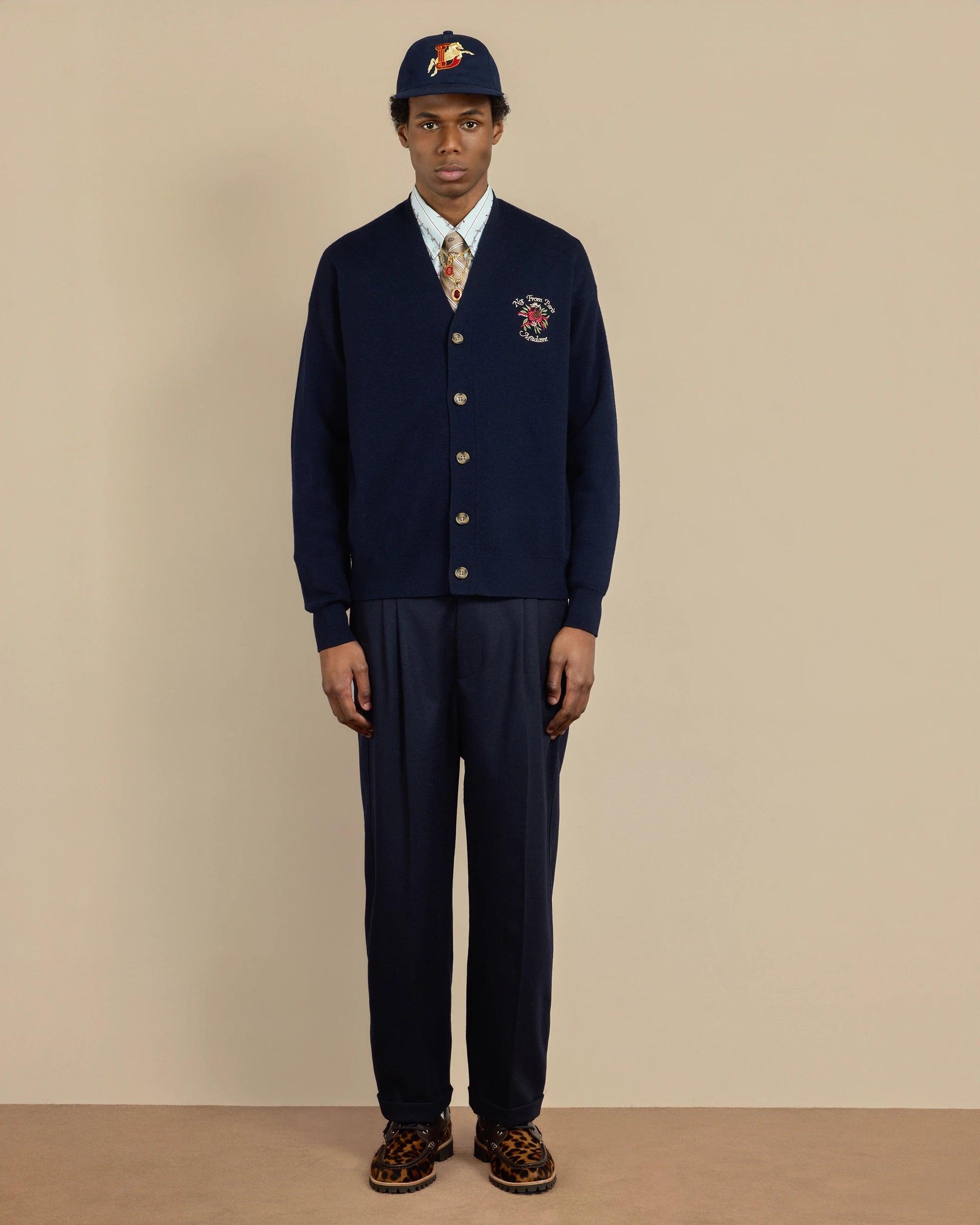 Drôle De Monsieur Slogan Herren-Cardigan Navy Merino