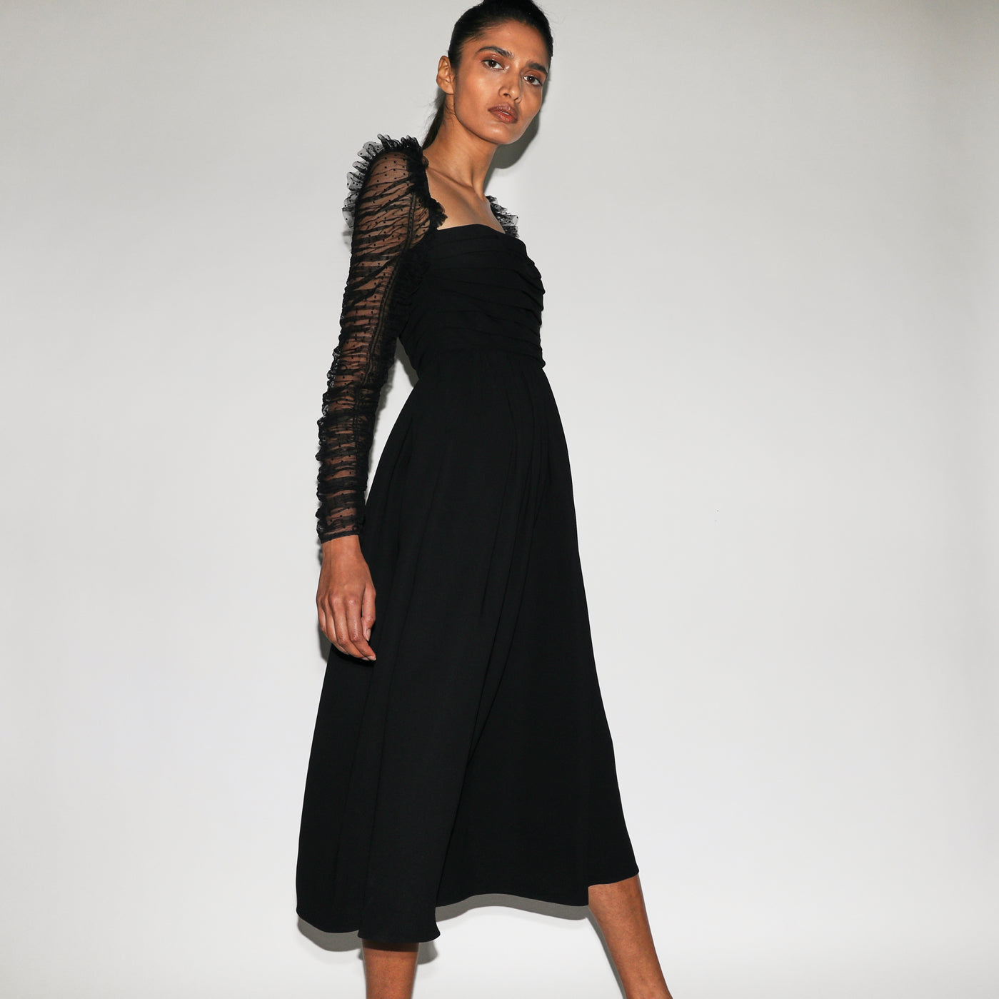 Self Portrait Crepe Dot Mesh Midi-Kleid Langarm