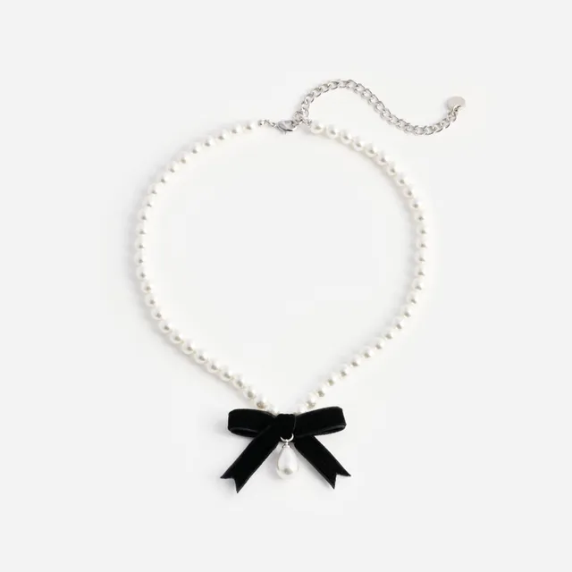 Self Portrait Black Bow Pearl Necklace Kette Schwarz Perlen One Size