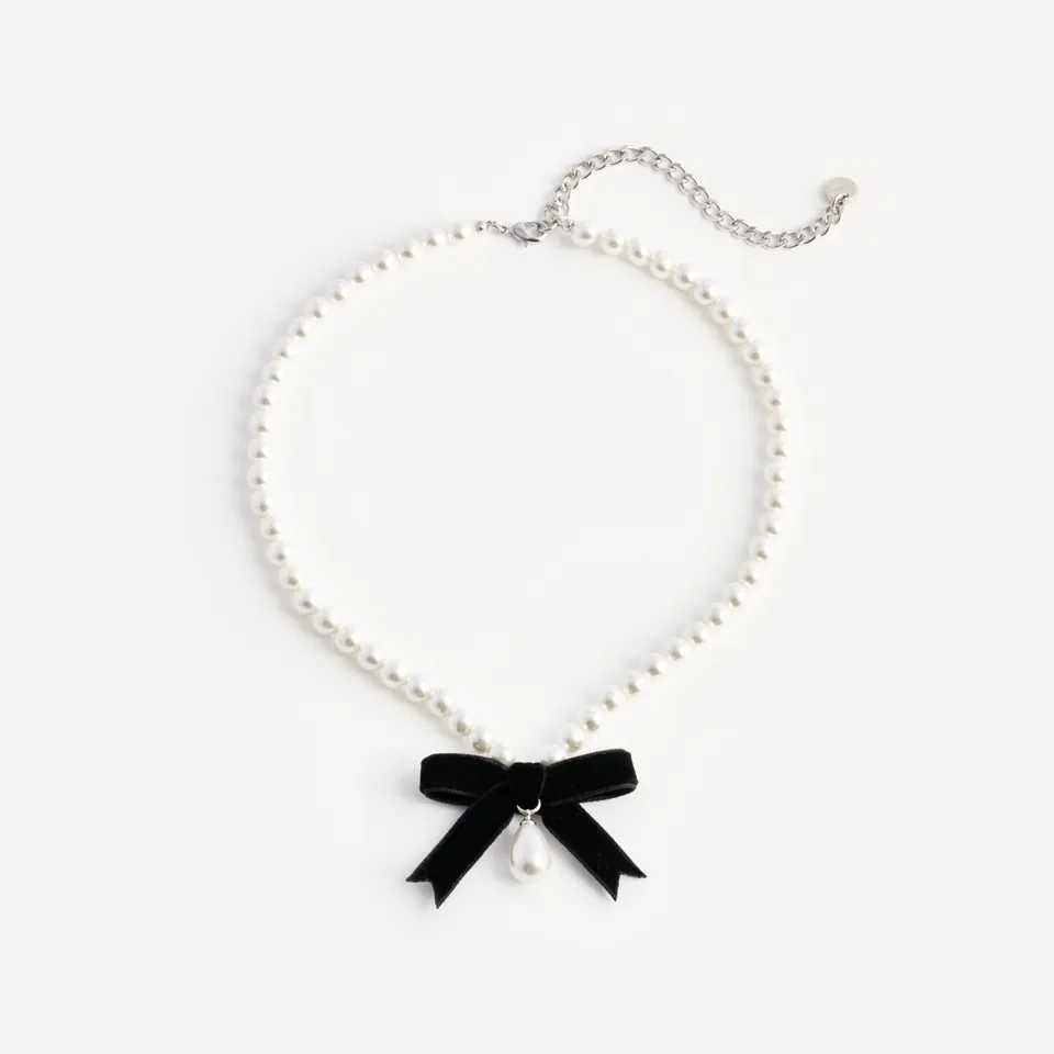 Self Portrait Black Bow Pearl Necklace Kette Schwarz Perlen One Size