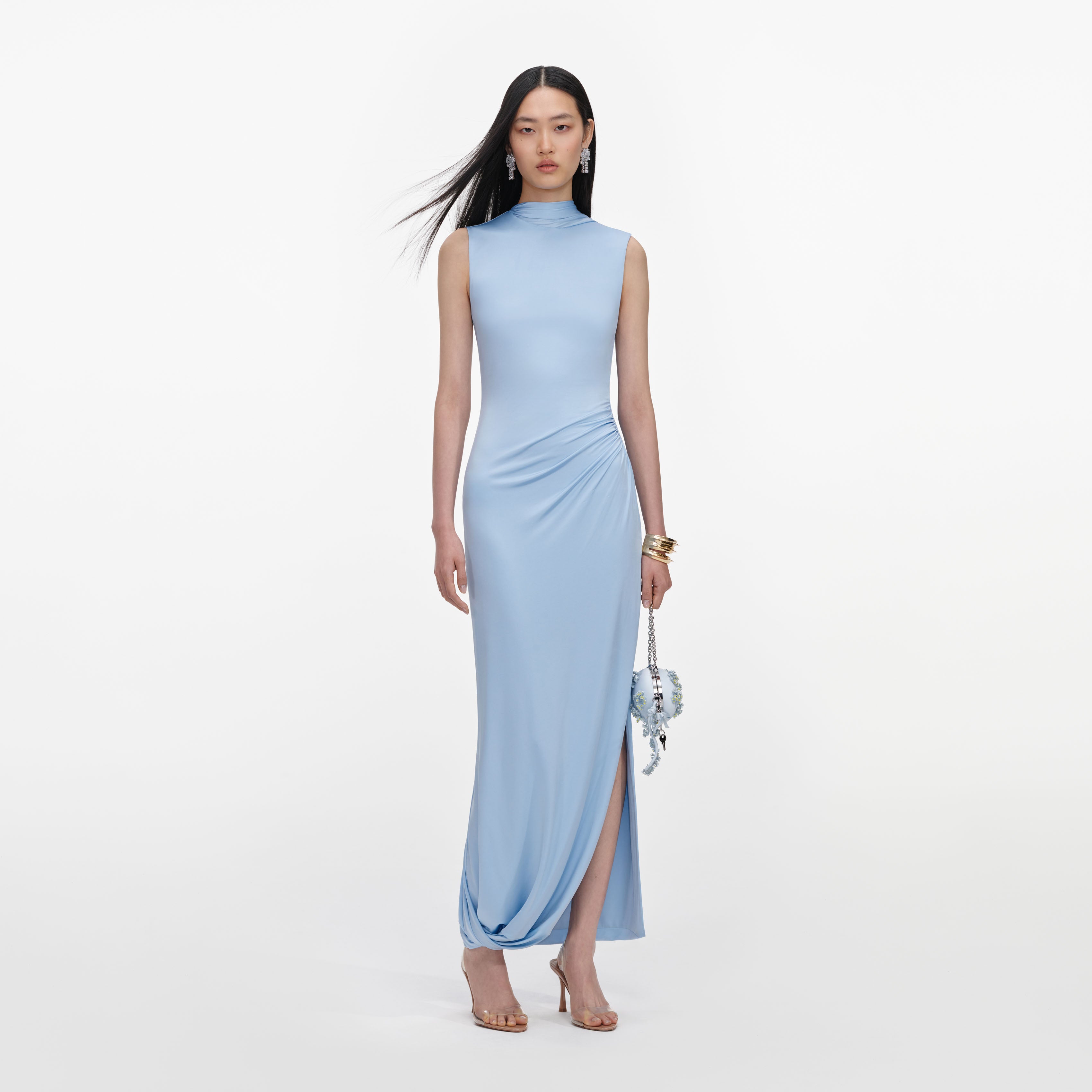 Self Portrait Blue Jersey Draped Maxi Dress Kleid Blau UK 4