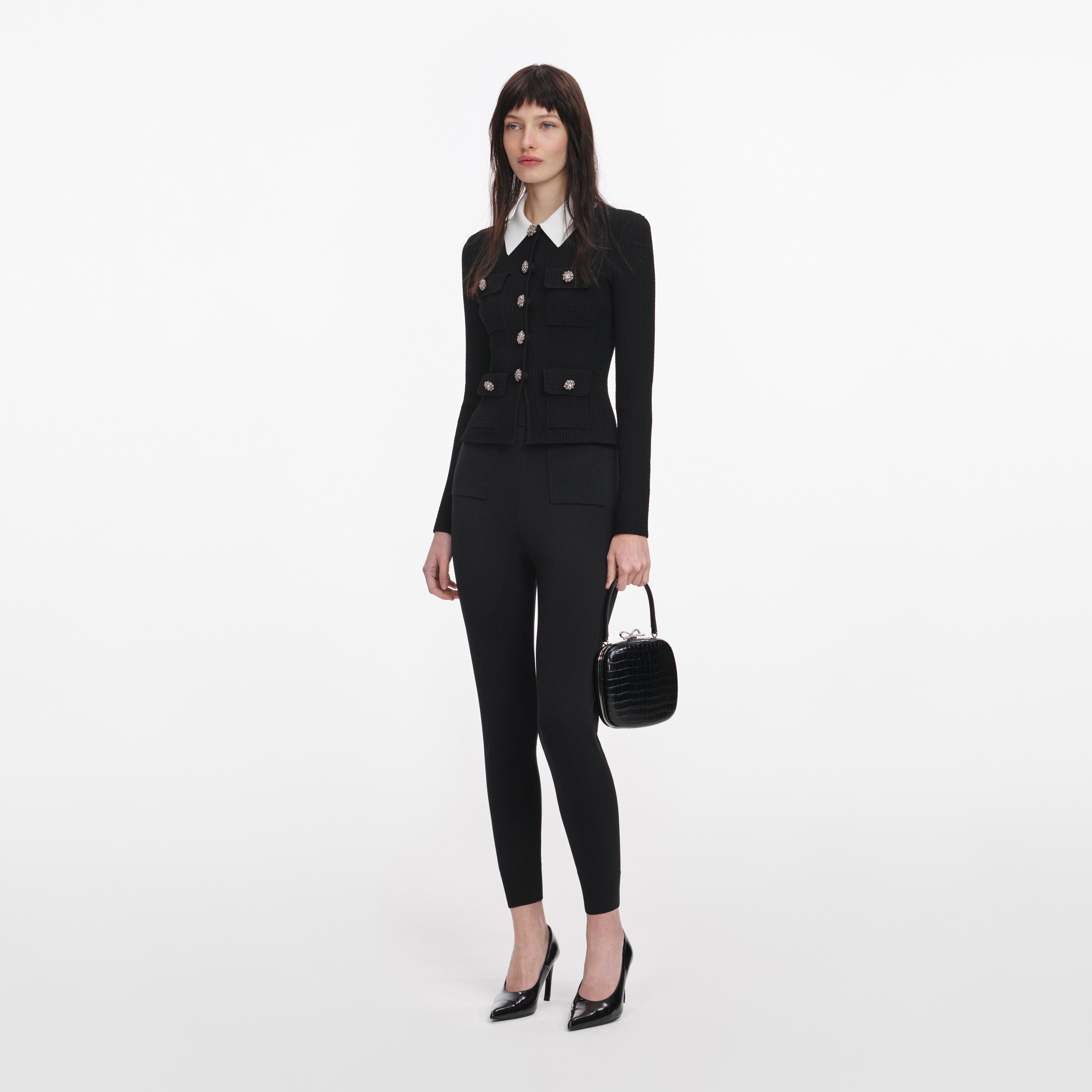 Self Portrait Black Tailored Knit Top Stricktop Schwarz S