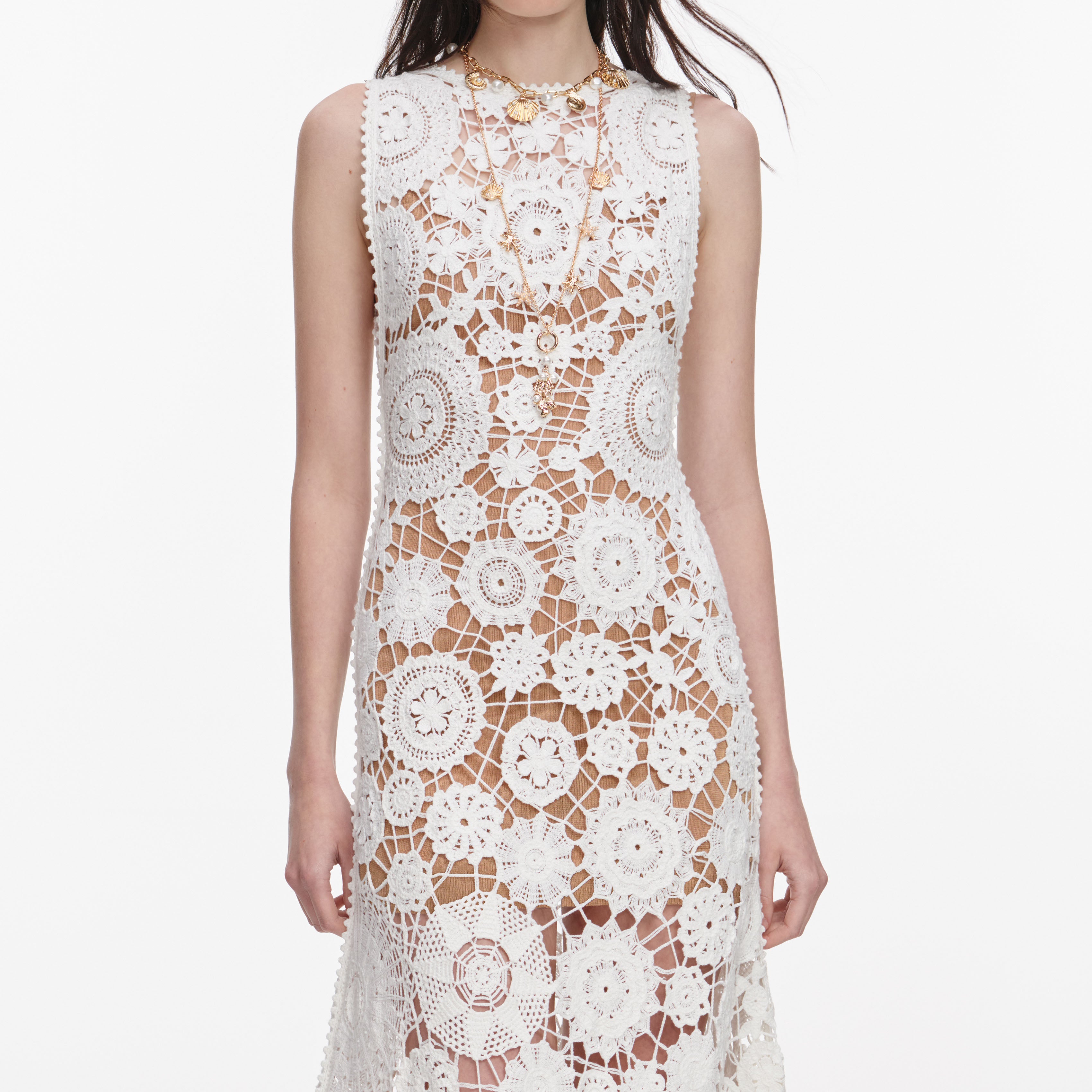 Self Portrait White Crochet Maxi Kleid UK 6 Weiß Baumwolle