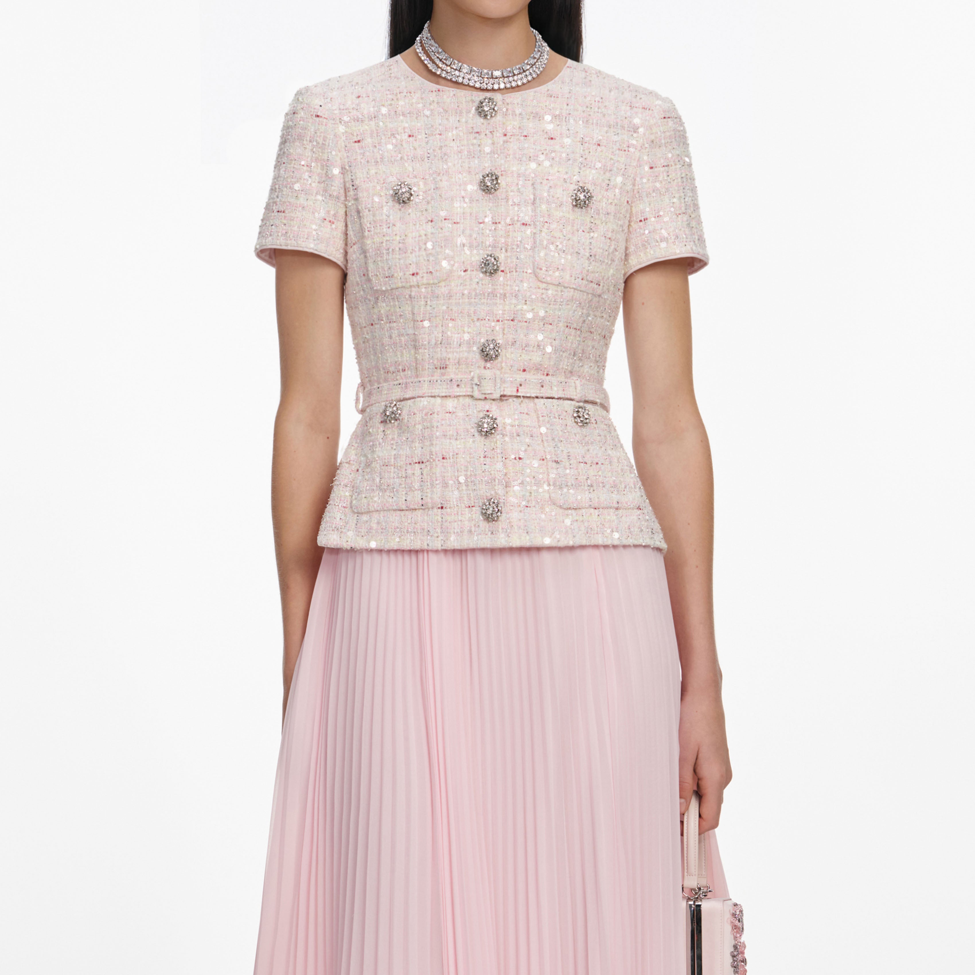 Self-Portrait Pink Sequin Boucle Midi Kleid rosa tailliert