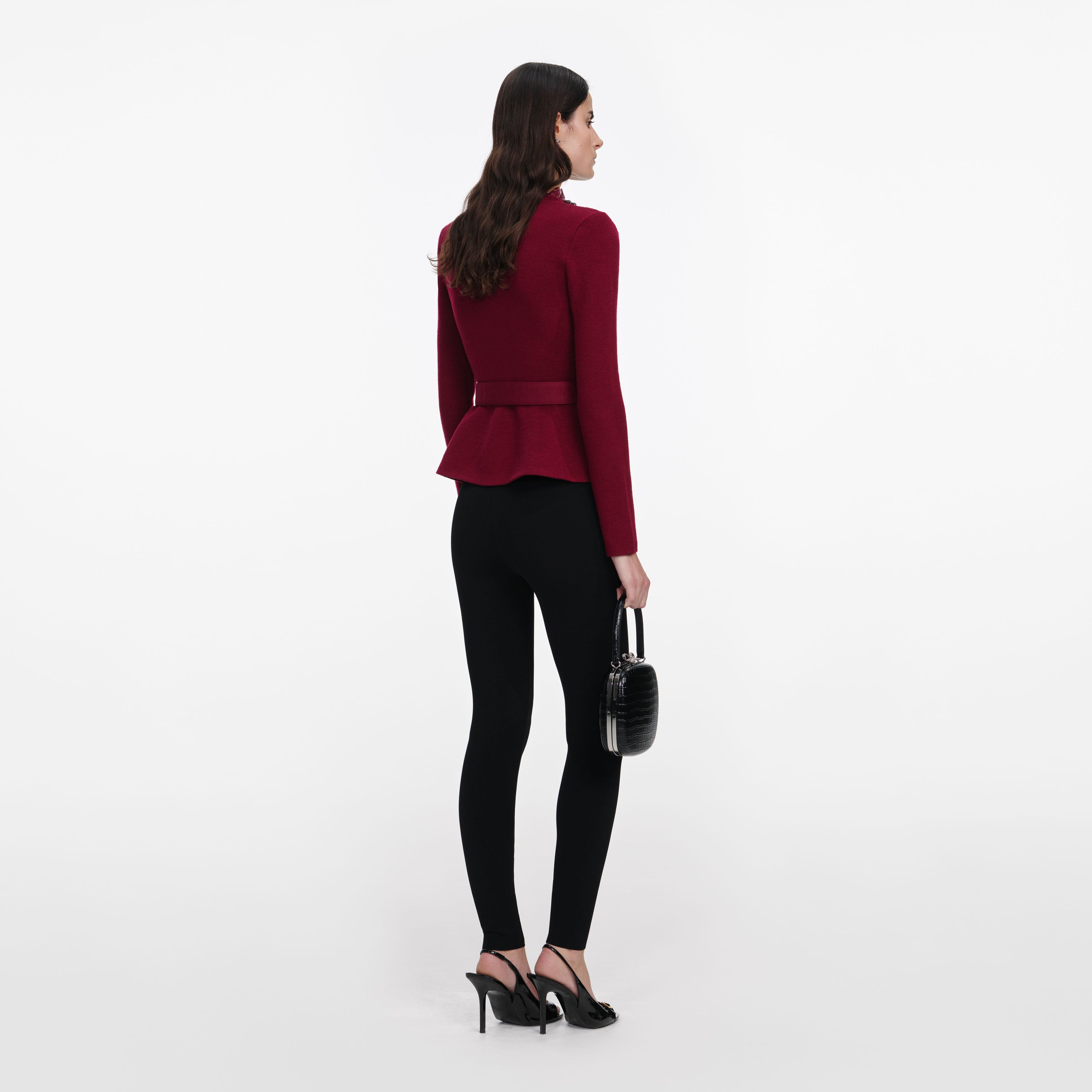Self Portrait Knitwear Burgundy Crystal Trim Cardigan Strickjacke S