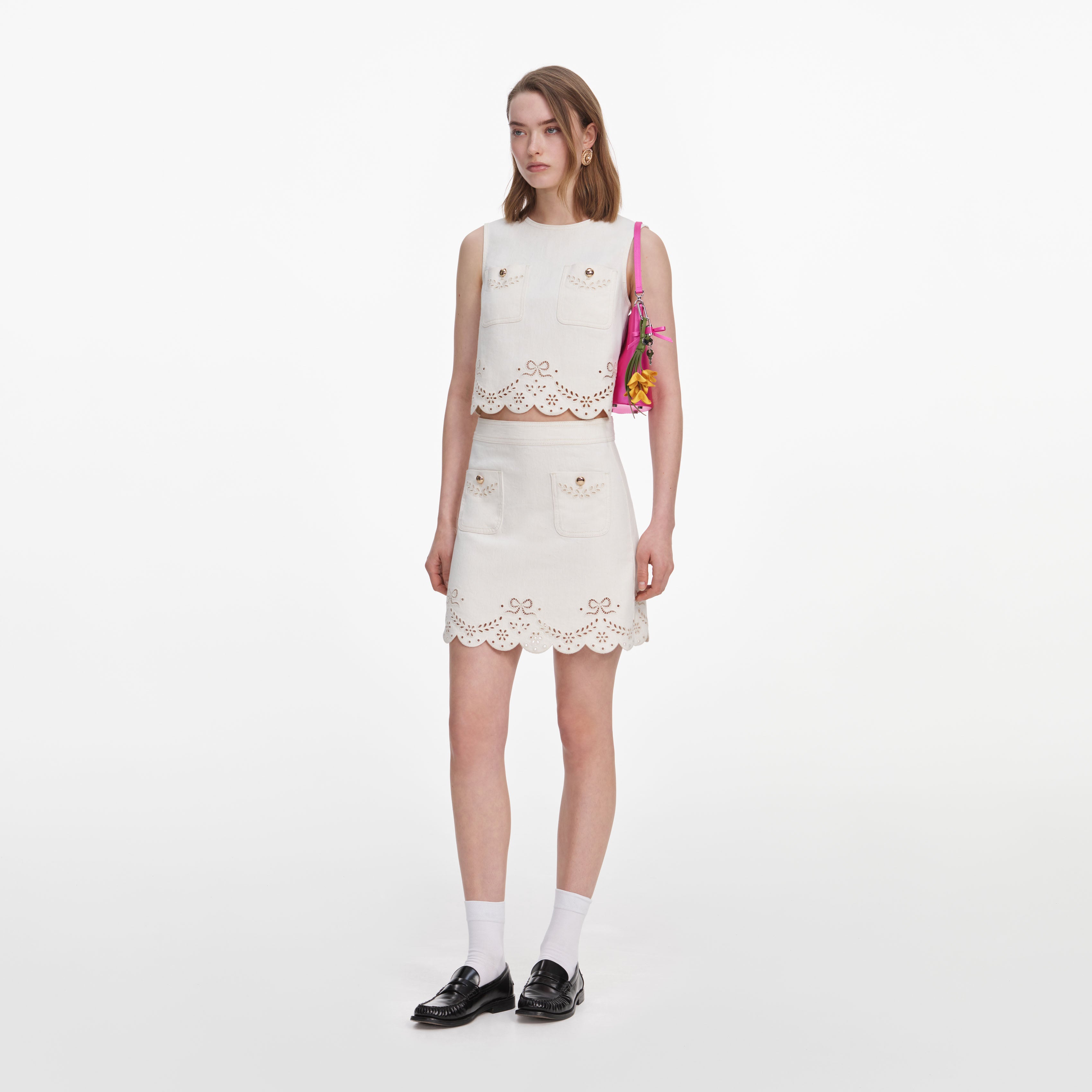 Self Portrait Denim Cream Broderie Denim Mini Rock Creme Stickerei