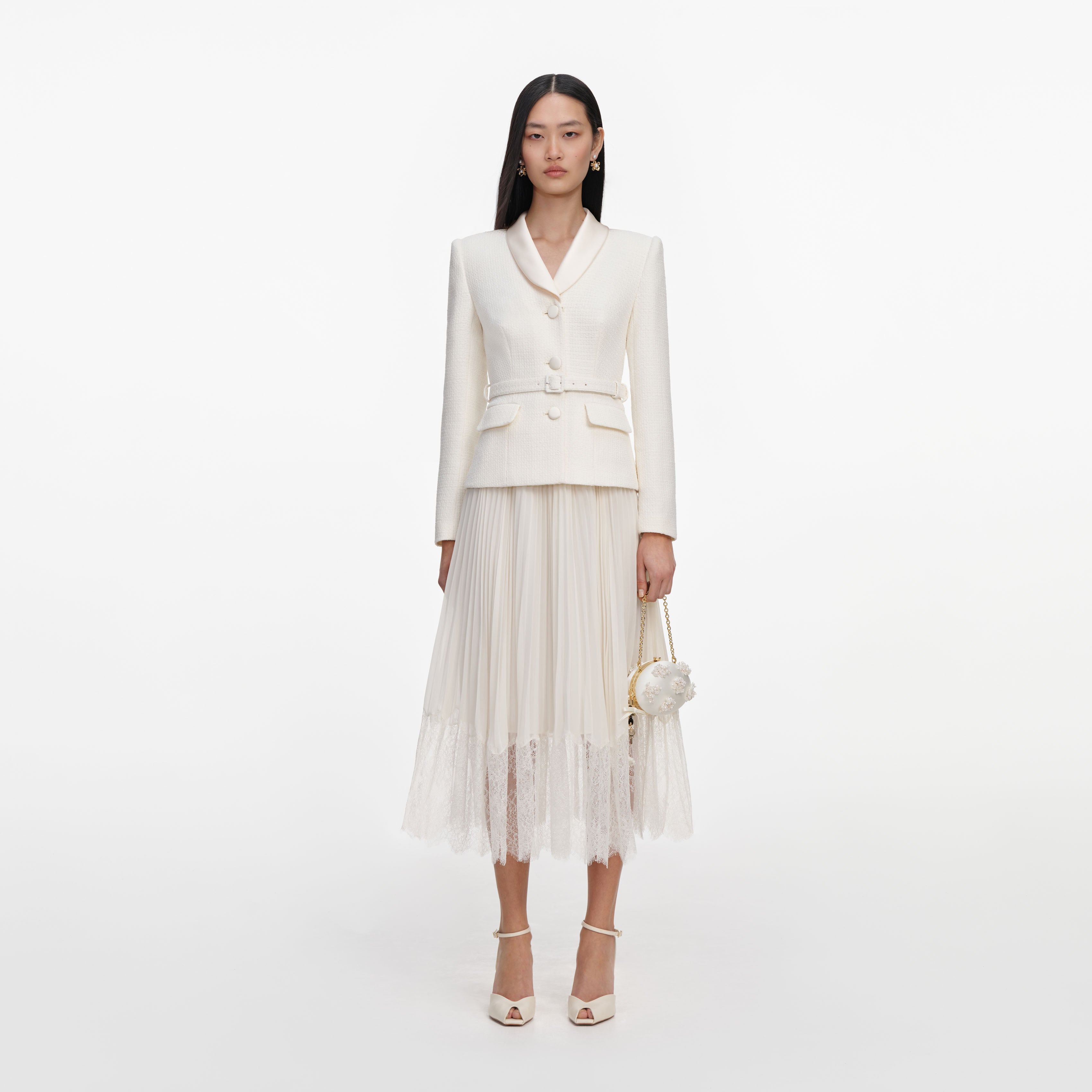 Self Portrait Cream Boucle Midi Kleid Creme Schal